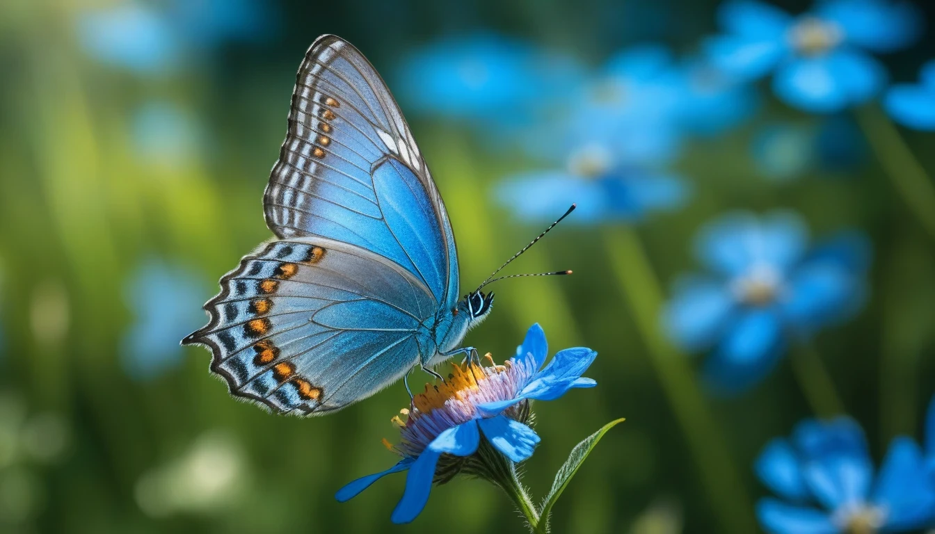 A beautiful blue-blue butterfly dances in the sunlight in a flower field, its transparent wings are illuminated by the light shining through the trees in the forest, it rests on the riverbank with wings of a color that harmonizes with the blue sky, and it is summer. Flying with the blue flowers under the sunlight, the antennae swaying in the wind towards the blue sky, feeling freedom,  (masterpiece), (best quality), (ultra detailed), expressive eyes, perfect face, unreasonable, complex and detailed, incredibly absurdres absolutely resolution, highres, texture,
