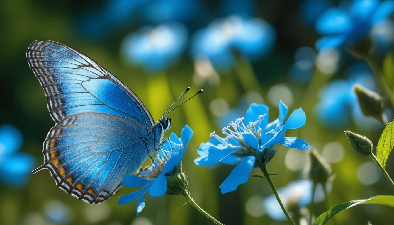 A beautiful blue-blue butterfly dances in the sunlight in a flower field, its transparent wings are illuminated by the light shining through the trees in the forest, it rests on the riverbank with wings of a color that harmonizes with the blue sky, and it is summer. Flying with the blue flowers under the sunlight, the antennae swaying in the wind towards the blue sky, feeling freedom,  (masterpiece), (best quality), (ultra detailed), expressive eyes, perfect face, unreasonable, complex and detailed, incredibly absurdres absolutely resolution, highres, texture,
