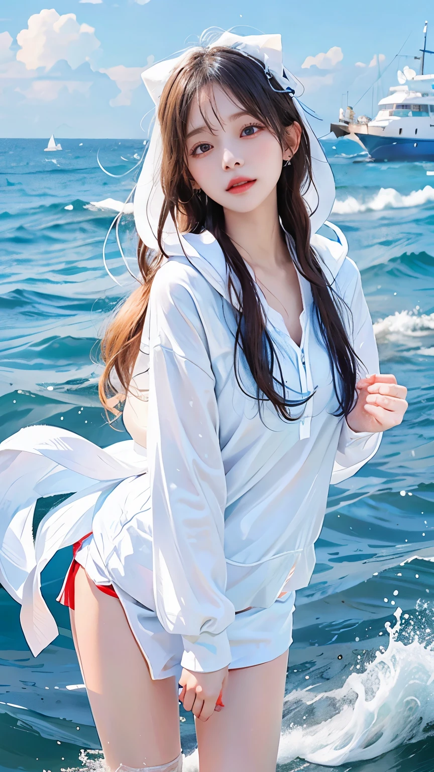 In the clear blue sea、Wearing a white hoodie fluttering in the wind、A woman in shorts、Standing on the waves。Her hair is long、Shine white、Swaying with the waves。Red Eyes