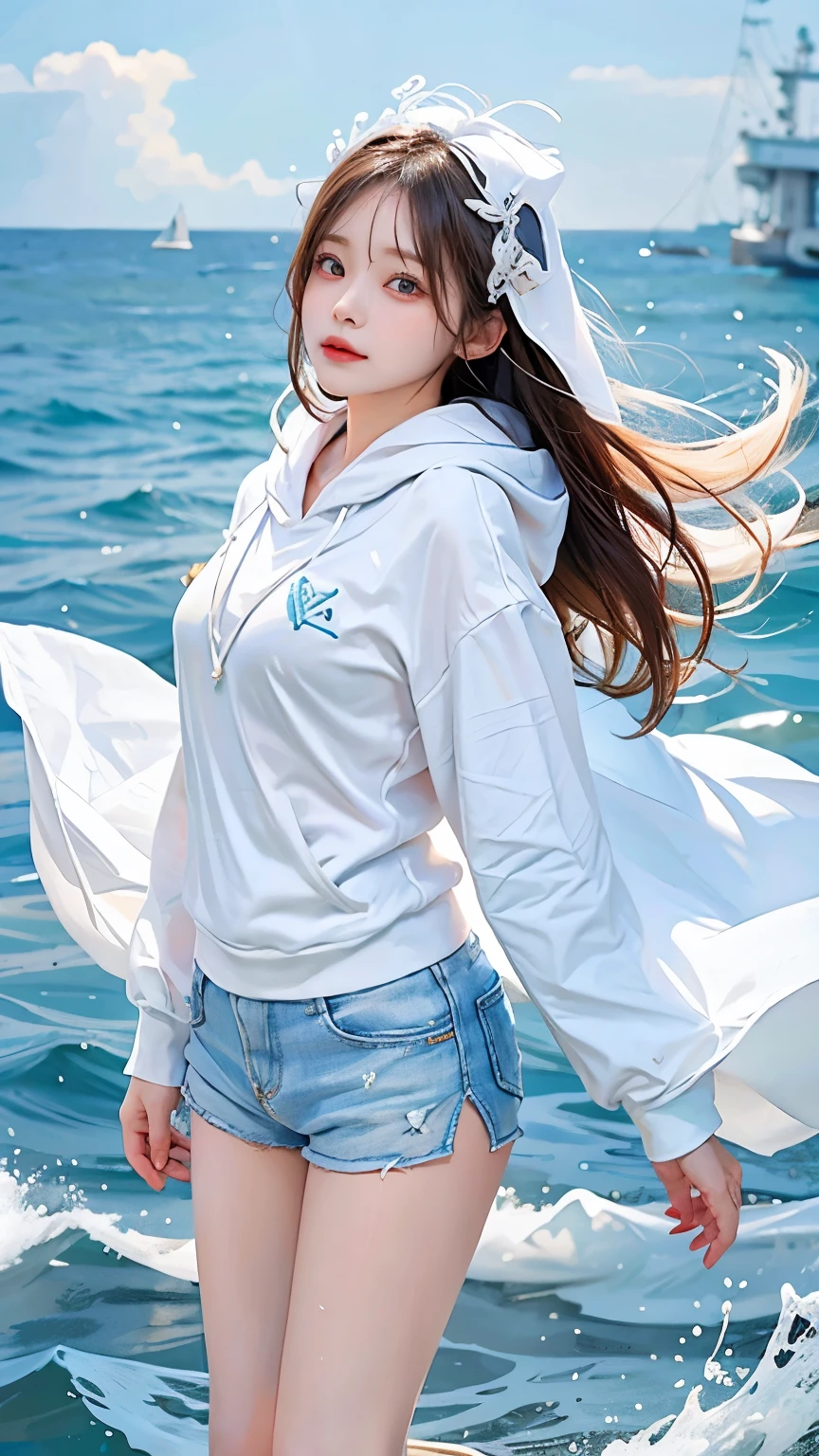 In the clear blue sea、Wearing a white hoodie fluttering in the wind、A woman in shorts、Standing on the waves。Her hair is long、Shine white、Swaying with the waves。Red Eyes