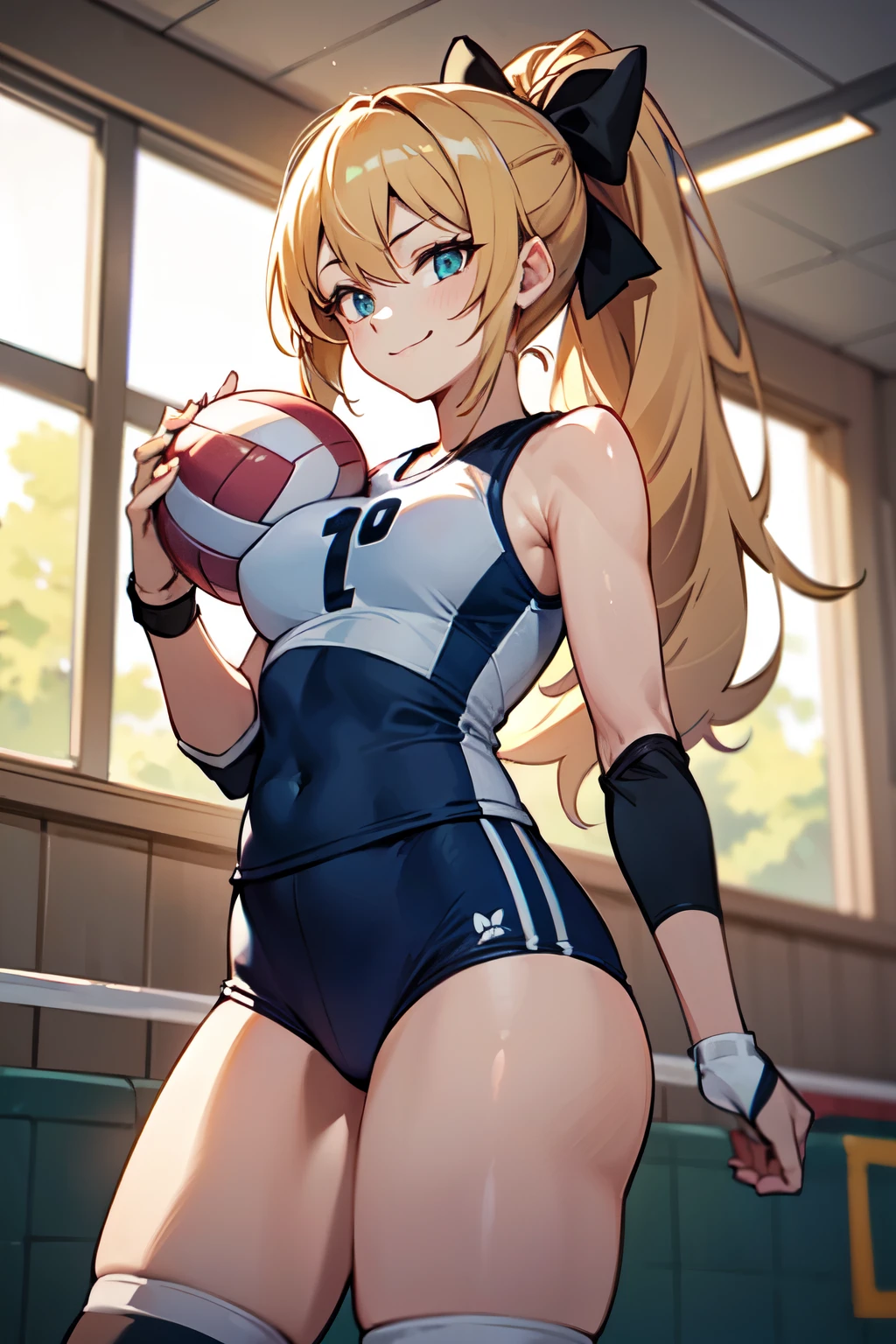 unity 8k wallpaper, anatomically correct, (((masterpiece))), (((best quality))), (((ultra detailed))), (((high-resolution))), ((super fine illustration)), ((Ultimate cutie)), detailed beautiful face, shiny hair, 18 years old, ((potbelly)), (curvy), medium breasts, ((Thick thighs)), sleeveless volleyball uniform, ((buruma)), ((knee pad)), (elbow pad), ((hold volleyball)), ((hold a 6-inch volleyball)), cowboy shot, in volleyball court, in school gymnasium,
BREAK, (Yuri), 2girls_A_and_B, A girl_have_{{blond ponytail}}_{hair bow}_{{happy}}_{smile},
BREAK, B girl_have_{black short hair}_ {hair bow}_{{{smirk}}}