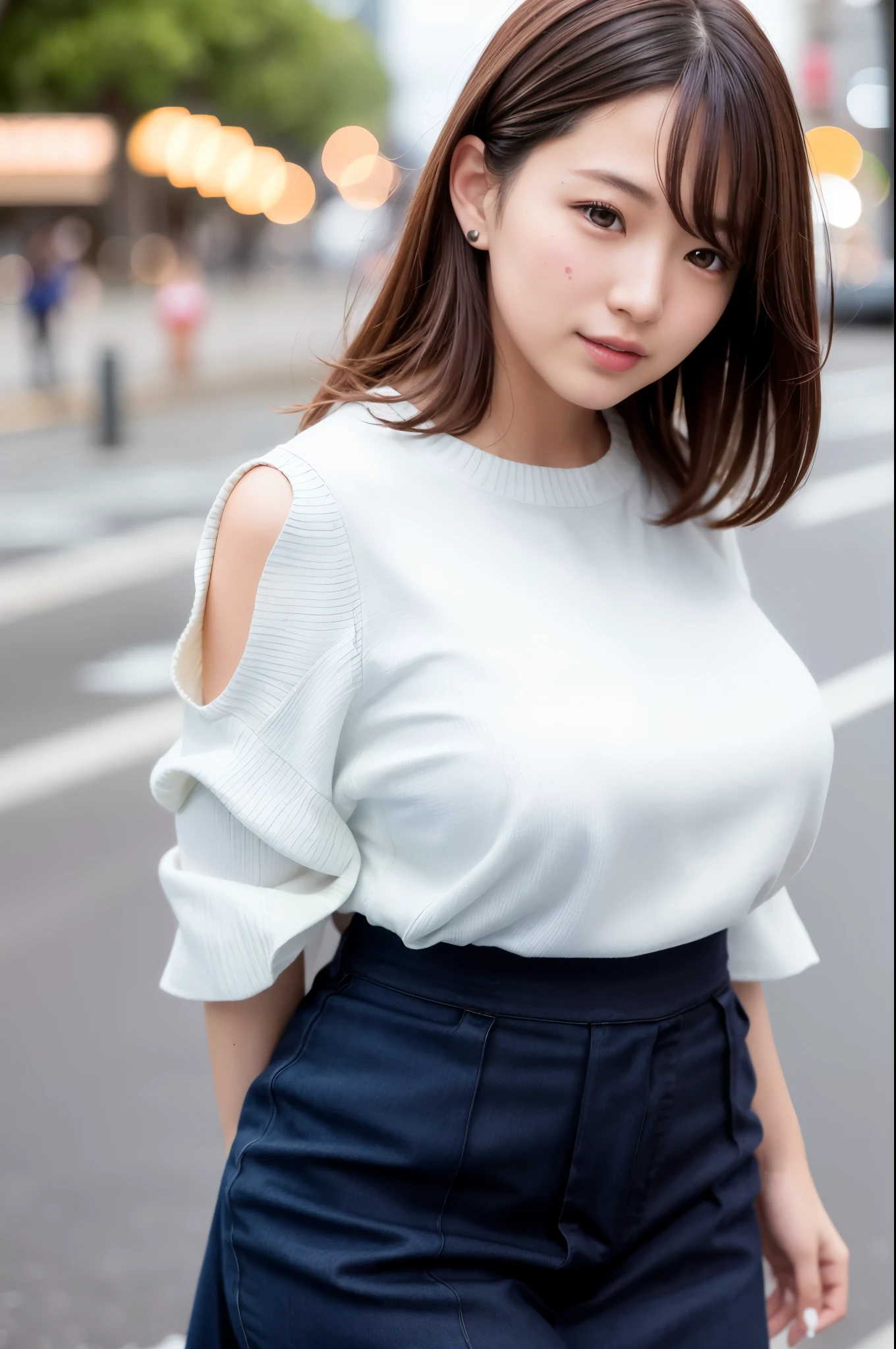 (skin blemish:1.2), (skindentation), black eye, 1woman, 25yo, (((woman))), solo, realistic, best quality, photorealistic, masterpiece, 8k, high res, solo, extremely detailed face, (professional lighting, bokeh), (light particles, lens flare, glowing particles:0.6), (dynamic pose:1.2), soft lighting, top angle view, fashionable and trendy atmosphere, japan, street, city, tokyo, harbour, ((daytime)), sky, ((looking at the viewer:1)), (looking at the camera),(portrait:0.6), cowboy shot, gorgeous, standing, keep original facial proportion, wide shoulder, full body, (huge breast), (short hair), brown hair, floating hair, lips, lipstick, seductive smile, floating hair, smile, open_mouth, teeth, (sleeves less white blouse), (jumper skirt), eyelashes, mole, (mole under eye:1),open legs,
