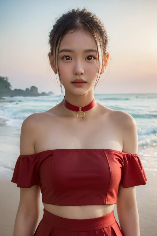 One girl, Off-shoulder red shirt, Red tight skirt, Red choker, (Brown Hair: 1), (At the Beach), (big: 1.2), Viewer Perspective, RAW Photos, (photoRealistic: 1.37, Realistic), High-definition CG integrated 8K wallpaper, (Thin body: 1.1), (big: 1.2), ((Straight from the front)), (high qualityスキン: 1.8, Shiny skin), 8K Ultra HD, Digital SLR, Soft lighting, high quality, Film Grain, Fujifilm XT3, ((Upper Body: 1.6)), (Professional Lighting: 1.6)