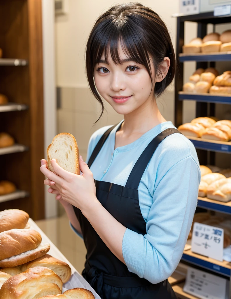 highest quality, masterpiece, Ultra-high resolution, (Realistic:1.4), RAW Photos, One girl, Most popular Japanese idols, (At the bakery, Looking happily at the many pieces of bread, At the bakery楽しい時間を過ごす), Mr.々Details of different types of bread, Tight clothing, A very cute smile like the most famous Japanese idol, Perfect Proportions, Very cute face like the most famous Japanese idol, ((Very beautiful big black eyes)), Very beautiful short black hair, Detailed bakery