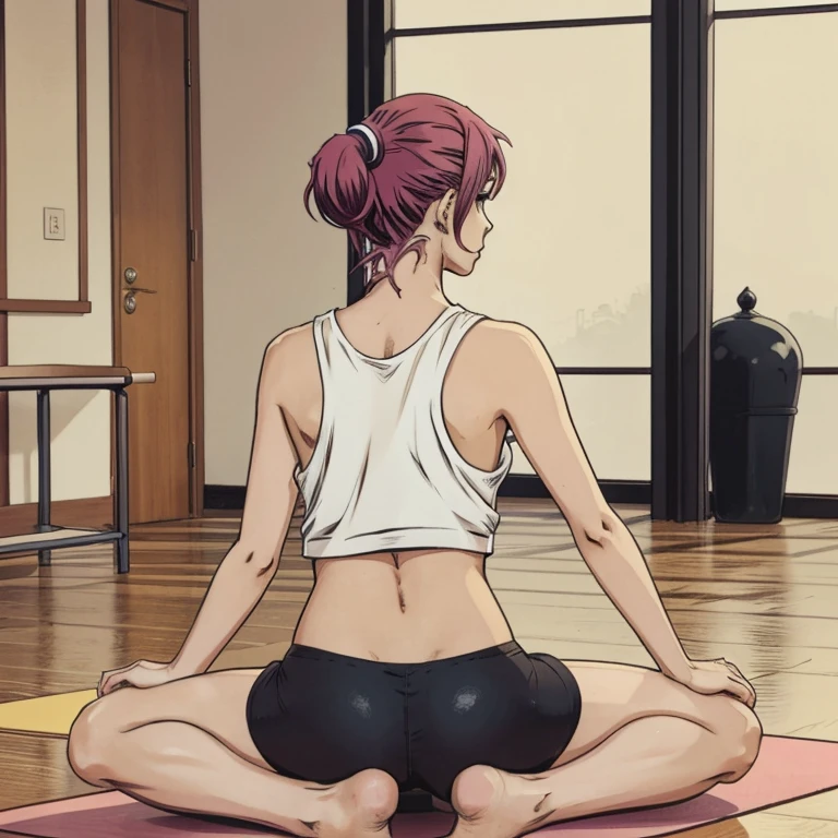 2d cartoon,An anime woman, colored hair ponytail, in yoga class