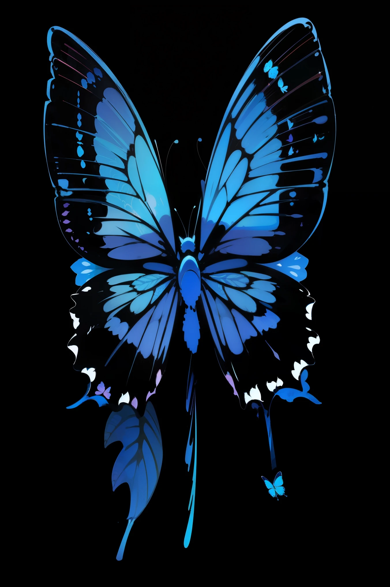 masterpiece, best quality, blue butterfly, flowers, flat color, lineart, abstract, ornate, black theme