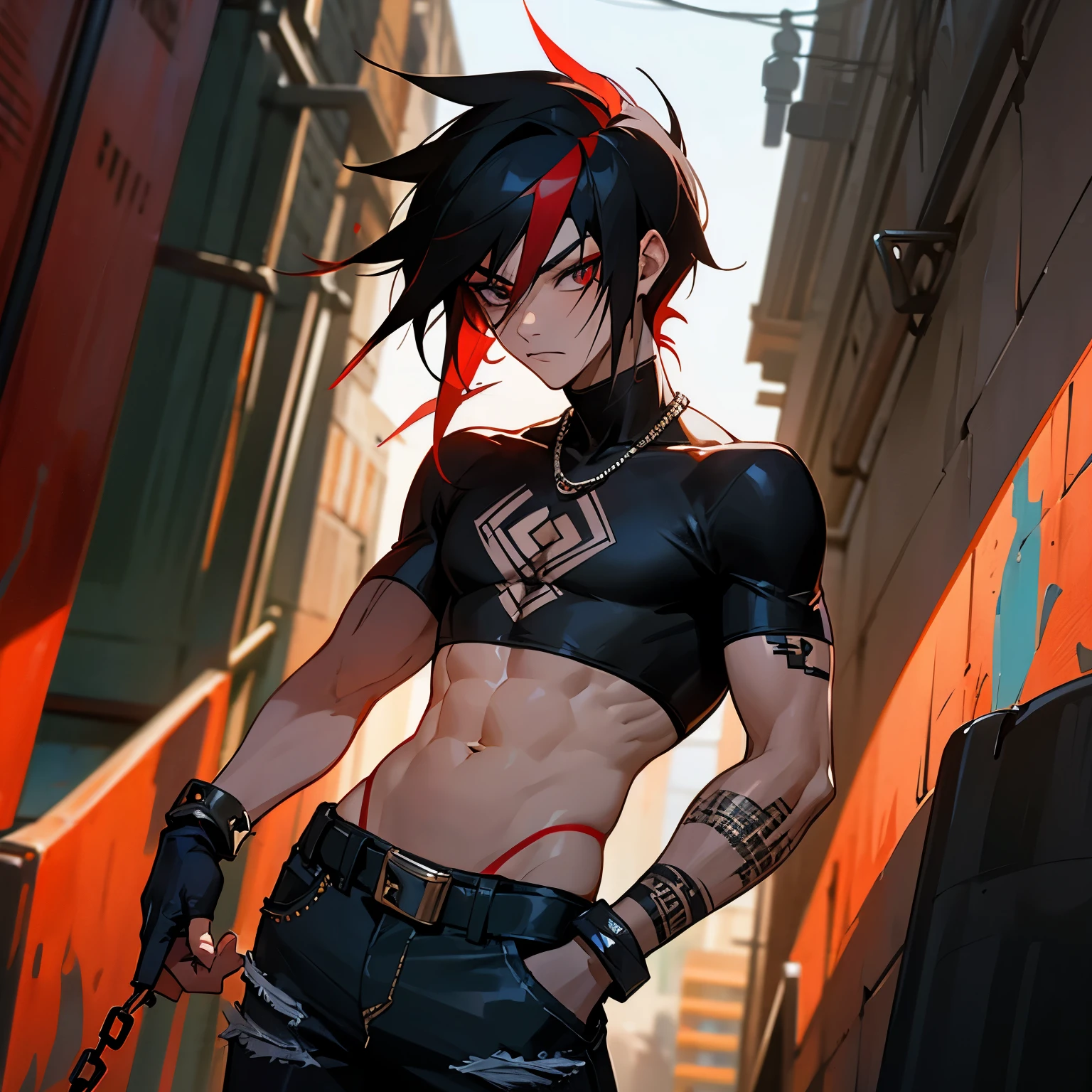 Male. Black hair red streak. Asian-Amerian. Self harm scars and burns on arm. Graphic croptop. Black jeans with chains. Lots of jewelry. In alley way.