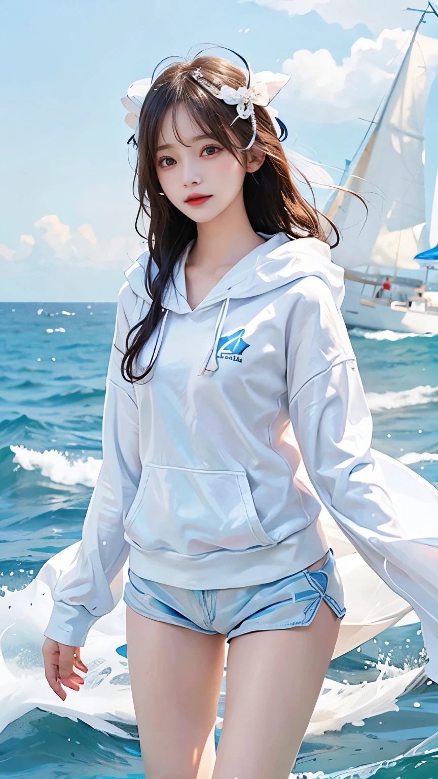 In the clear blue sea、Wearing a white hoodie fluttering in the wind、A woman in shorts、Standing on the waves。Her hair is long、Shine white、Swaying with the waves。Red Eyes