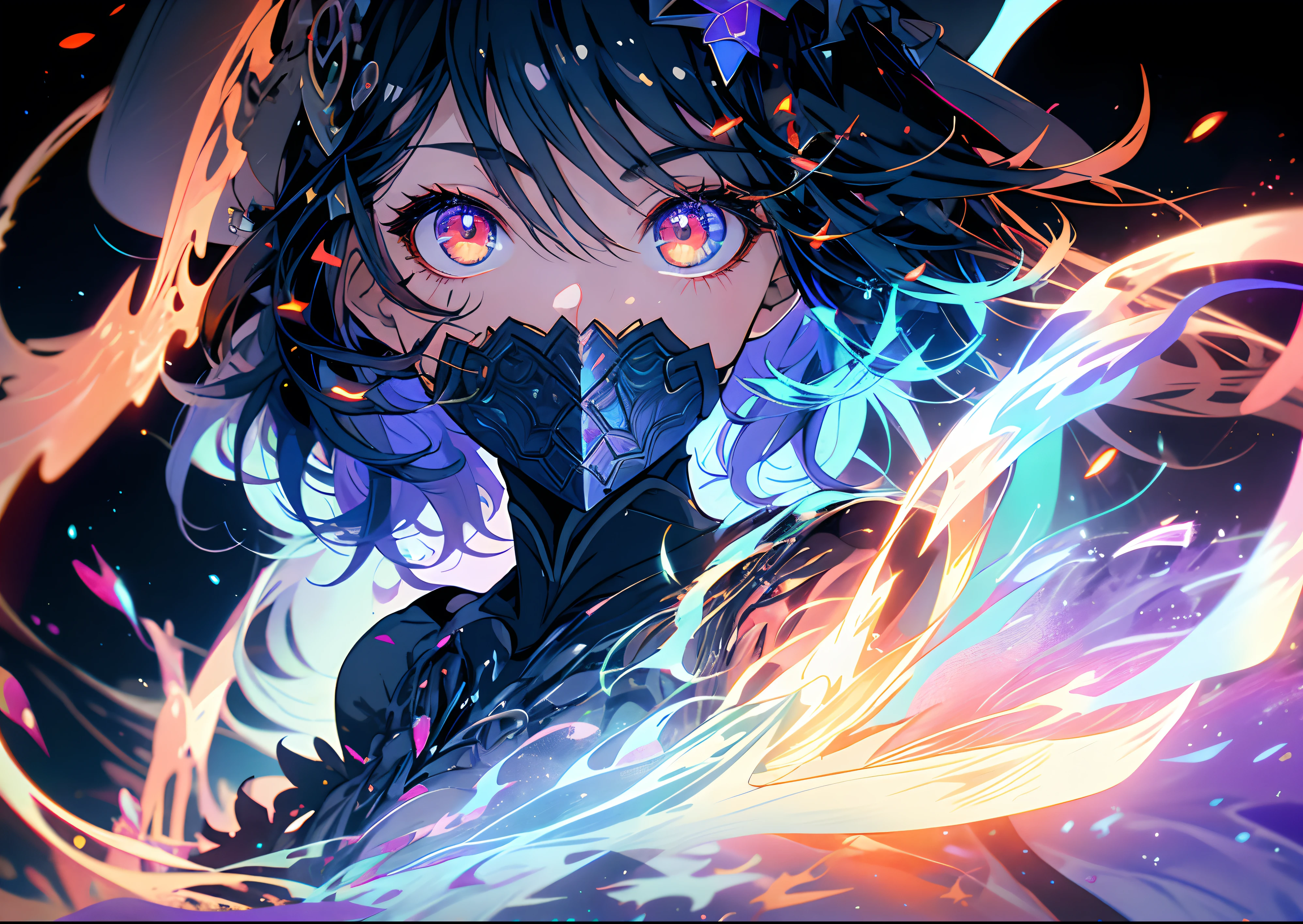 "1 girl, mit schwarzen Haaren und roten Augen, embodies a fire witch, umgeben von wirbelndem Blut und beleuchtet von lebendigen Lichtpartikeln und Strahlen, Erstellen Sie ein fesselndes Hintergrundbild mit hohem Kontrast und lebendigen Farben."