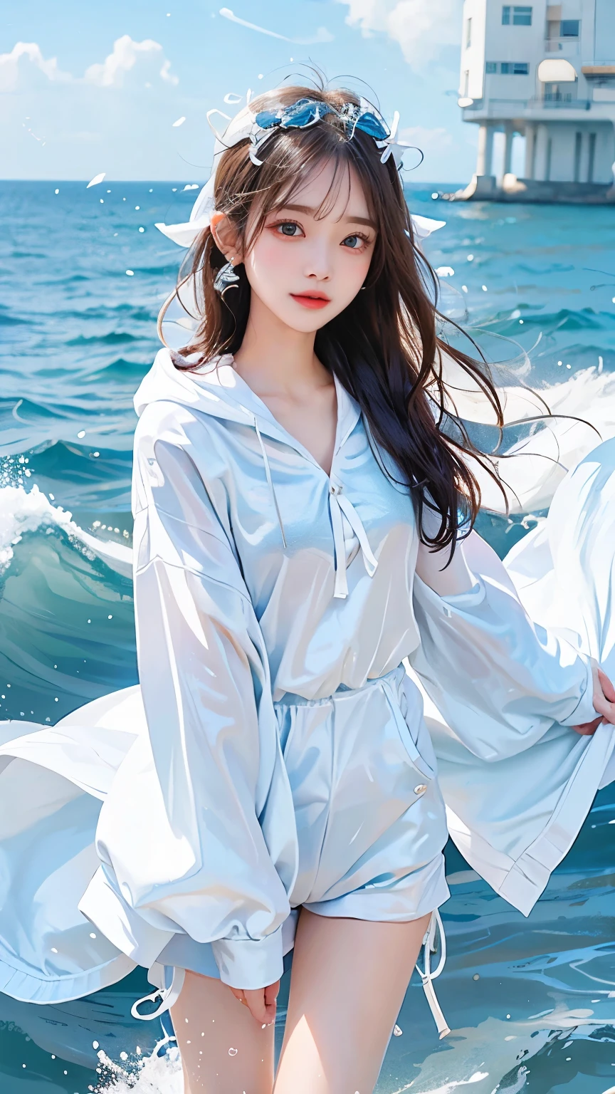 In the clear blue sea、Wearing a white hoodie fluttering in the wind、A woman in shorts、Standing on the waves。Her hair is long、Shine white、Swaying with the waves。Red Eyes