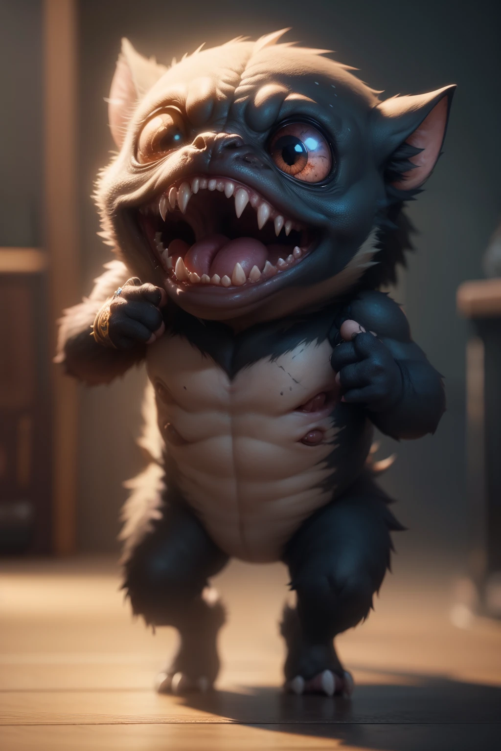 cute little monster between screaming and shooting super cute, realistic, 4K, super detailed, vray rendering, unreal engine, midjourneyart style,dance