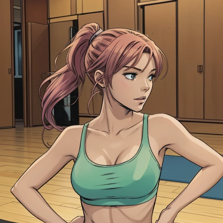 2d cartoon,An anime woman, colored hair ponytail, in yoga class,