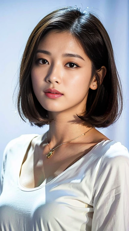 (highest quality、8k、32k、masterpiece、Ultra-high resolution:1.2)、Cute Half-Woman Photos、Bob Hair、??? on my chest、Surface Focus、White blouse、necklace、Simple Background、From above、Looking at the audience、