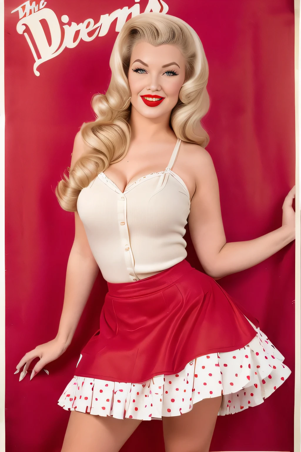 perfect sexy face, Ultra high resolution The girl leans forward at full heigh adding mystery and sexuality. (((Full length. the fluffy skirt rides up in the strong wind))) (((full skirt in pin-up style, knee length))) The dress in the style of the 1950s polka dot, ((((girl bends down to her legs.)))) stands on her feet leaning forward in the style of pin-up posters, . happy Smiling face. (((posing with her skirt up like girls on pin-up posters))) (pin up style clothes) The photo is made in pin-up style the retro-USA vibe. overposing, strong posing like a model, the skirt rides up a lot in the wind. the skirt rides up in the wind, the model holds it with her hand. The model has a pin-up style with her hair styled in victory rolls, associated with Veronica Lake. She has plump sexy red lips, depicting an American housewife, against a single-color background plain studio background