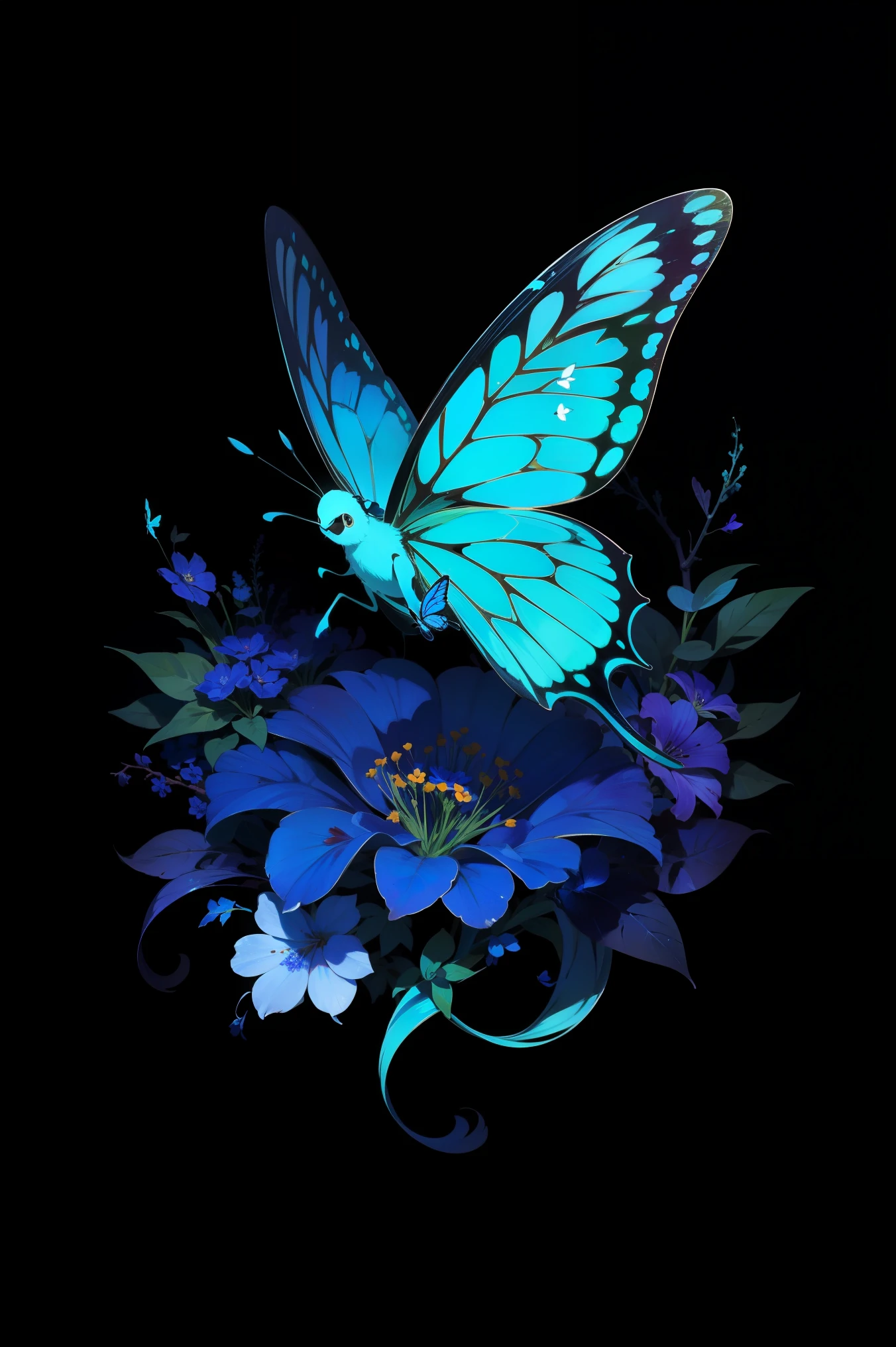 masterpiece, best quality, blue butterfly, flowers, flat color, lineart, abstract, ornate, black theme