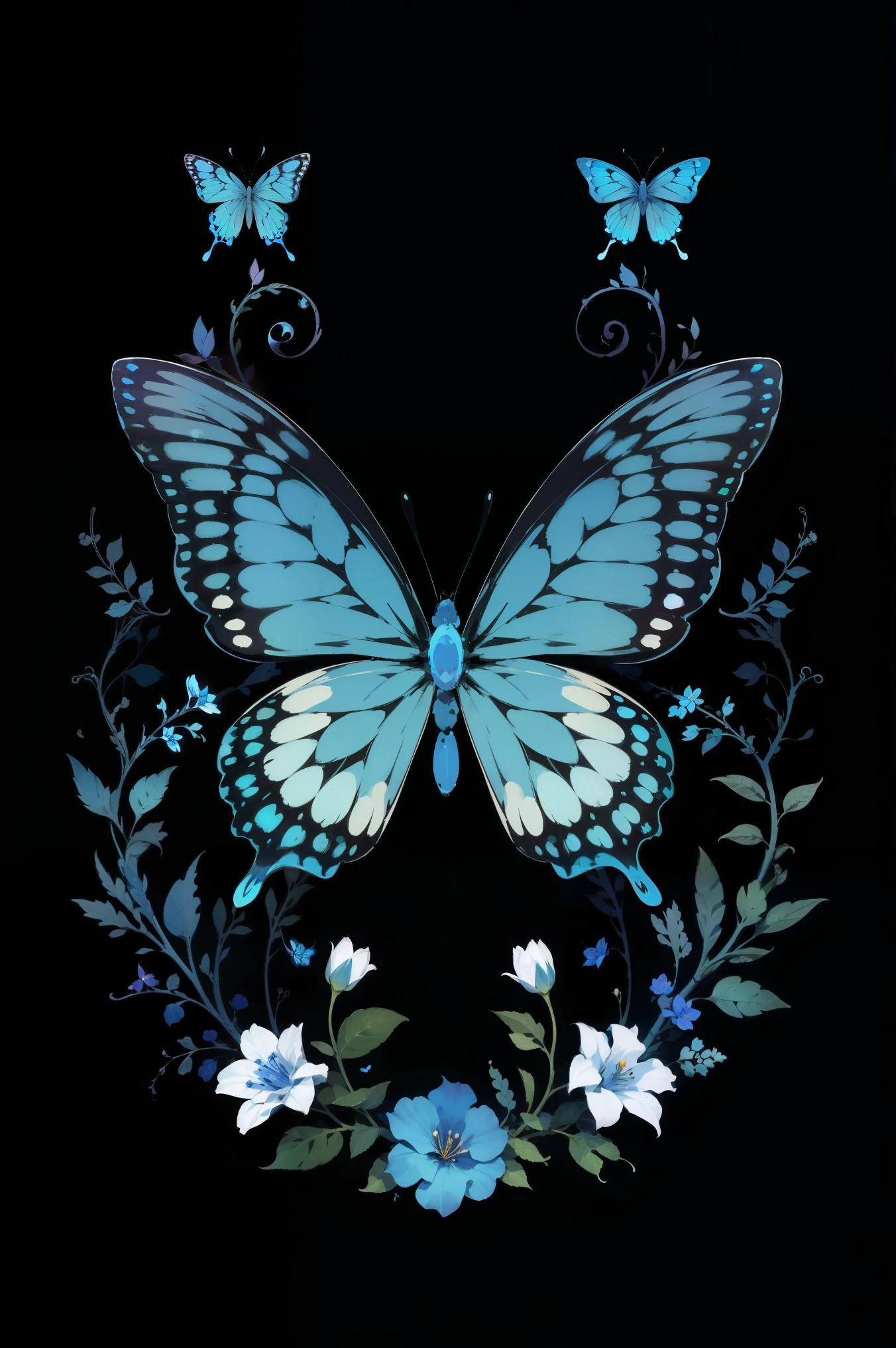masterpiece, best quality, blue butterfly, flowers, flat color, lineart, abstract, ornate, black theme