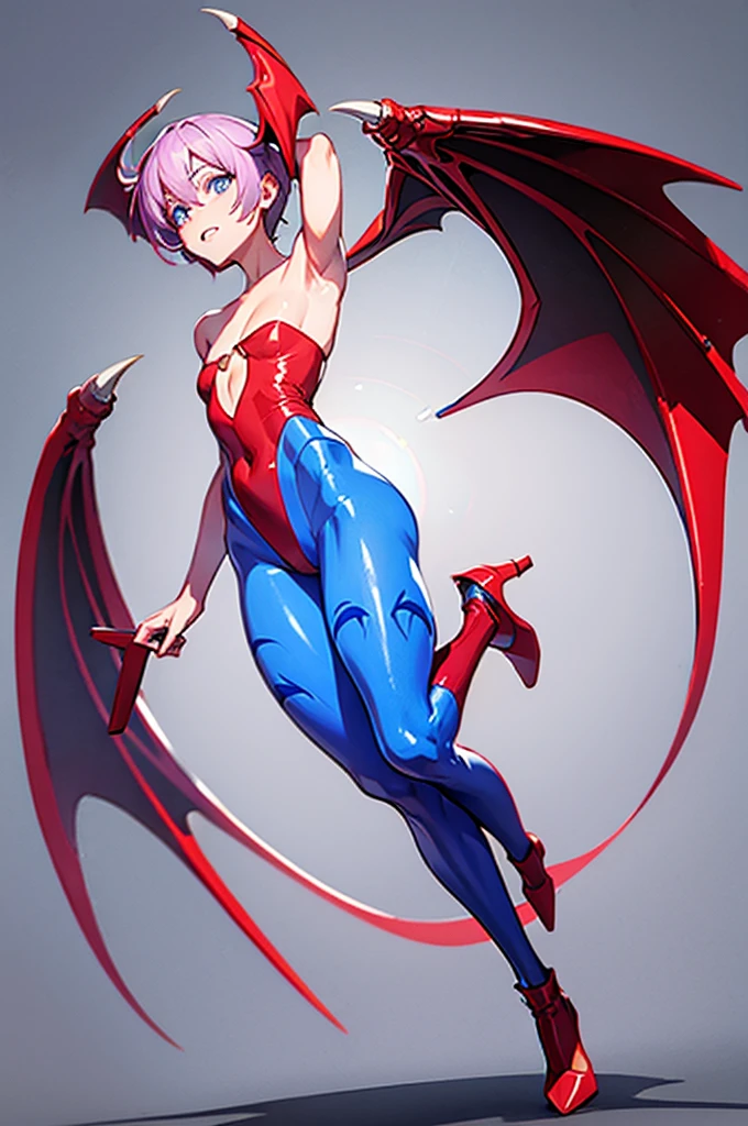 (((full body shot)))  lilith aensland darkstalkers, standing, levitating, wings, pink hair, smiling, demon, leotard,, head wings, flatchest, full body, pantyhose, hornless,feet