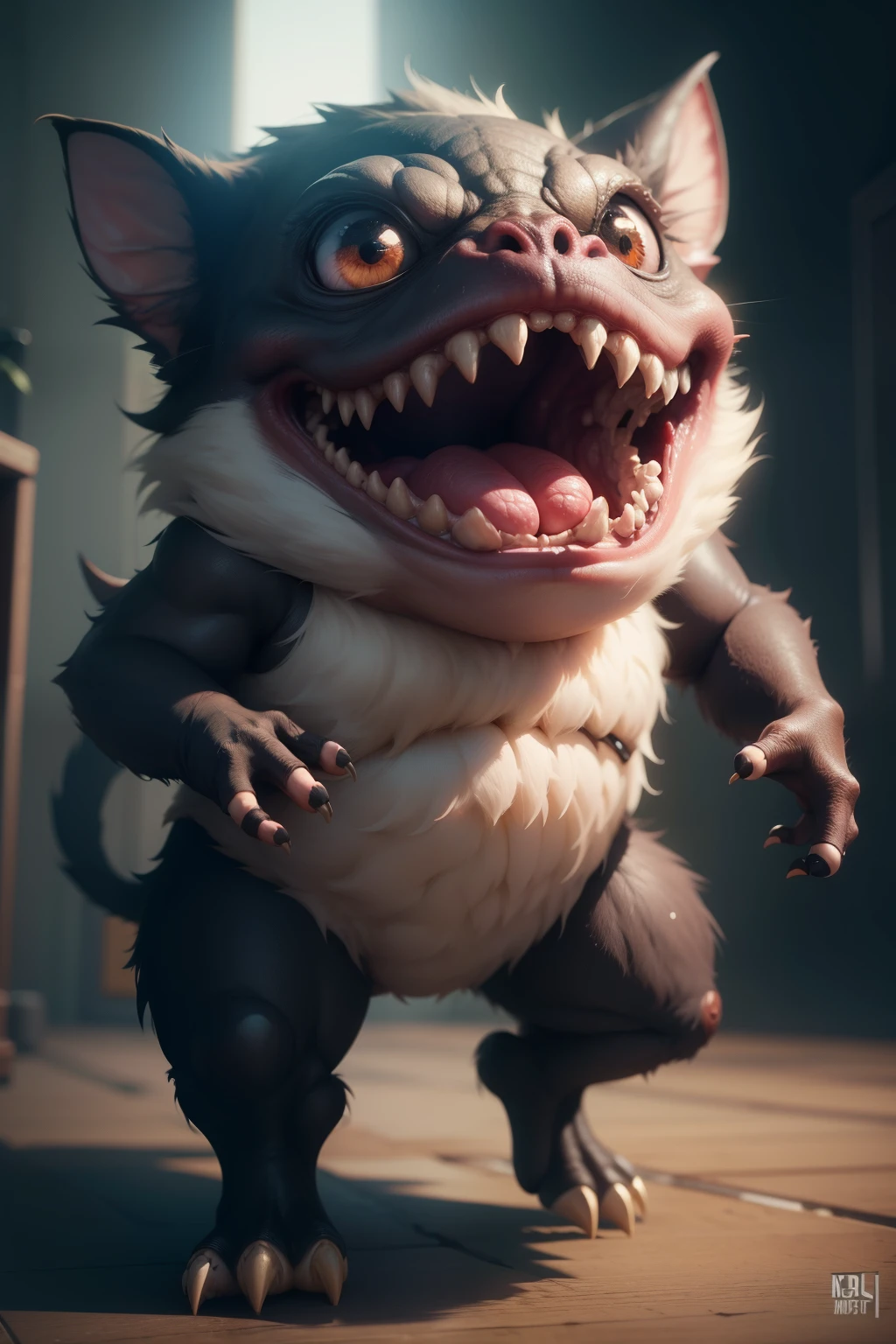 cute little monster between screaming and shooting super cute, realistic, 4K, super detailed, vray rendering, unreal engine, midjourneyart style,dance