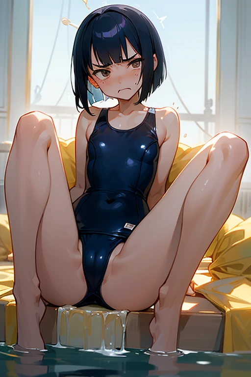 18 year old Japanese, high school student、Black short bob, small size of breasts, Flat Chest、Slim body, Spread your legs on the bed, Spread your legs, Only one girl, One piece swimsuit、Navy blue school swimsuit、Front of body、looking at the camera、Glaring、Shame、Angry crying、Are crying、Flowing Tears、barefoot、Camel Toe、Pee、Yellow water flowing from the genitals、Seriously angry、Bondage