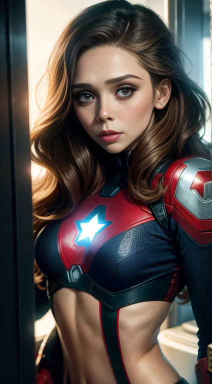 Elizabeth Olsen plays Captain America,skyscrapper,(Inspired by Mass Effect, small underwear,Security level,small breastedium side hips,(8K,photo RAW,Fotorrealista:1,25),(Excessive lip gloss,Very many eyelashes,best qualityer,Ultra-high resolution,depth of fields,color difference,Wide light,natural color,Distant pictures(1:2)