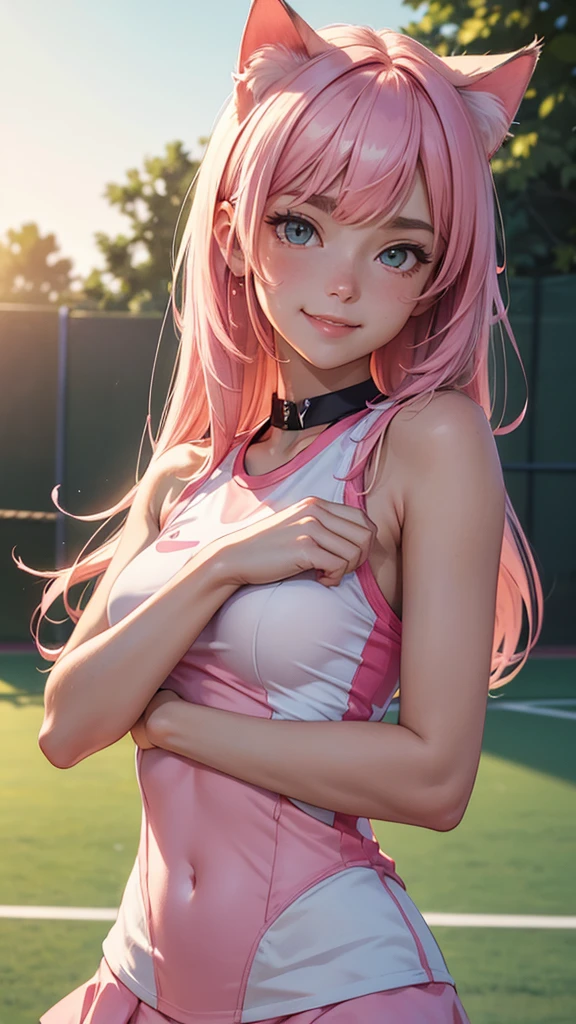 (high resolution, upper body, soft skin:1.2),(best illustration,masterpiece:1.2),ultra-detailed,[(cat ears ,pink inside:1.2),vivid colors,sharp focus,portrait,studio lighting,bokeh, wearing a tennis uniform, tennis courts background, dusk, full body portrait, smiling,