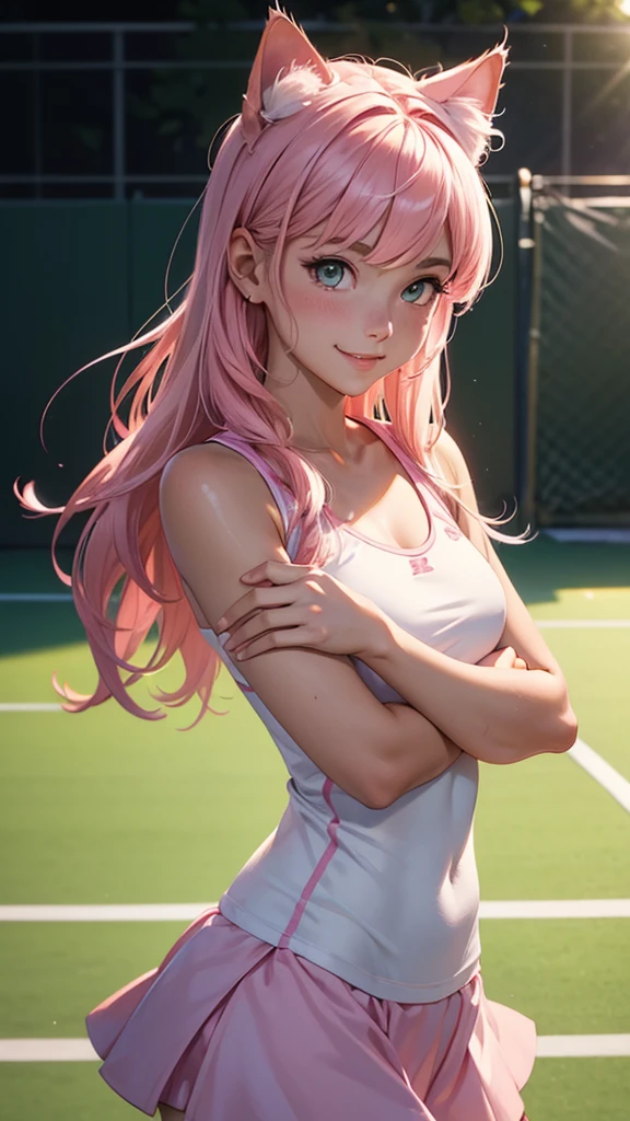 (high resolution, upper body, soft skin:1.2),(best illustration,masterpiece:1.2),ultra-detailed,[(cat ears ,pink inside:1.2),vivid colors,sharp focus,portrait,studio lighting,bokeh, wearing a tennis uniform, tennis courts background, dusk, full body portrait, smiling,