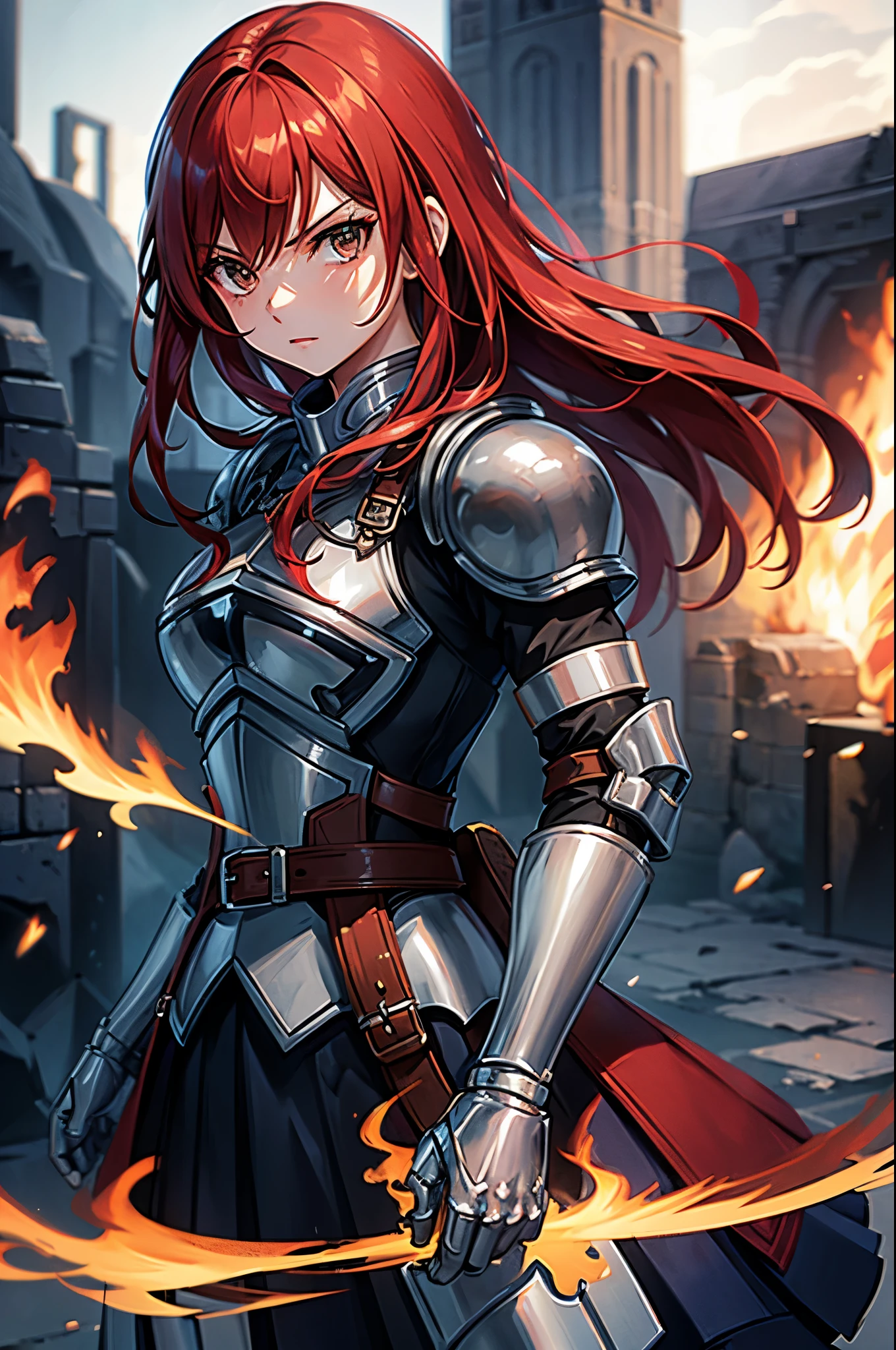 (masterpiece, best quality:1.2), expressive eyes, perfect face, highres, 1girl, solo, fairy tail, 1girl, long hair, red hair, brown eyes, armor, shoulder armor, gauntlets, breastplate, armored dress, belt, pleated skirt, blue skirt, hair over one eye, frown, ruins, destruction, badass stance, fire, standing, upper body portrait, looking at the viewer