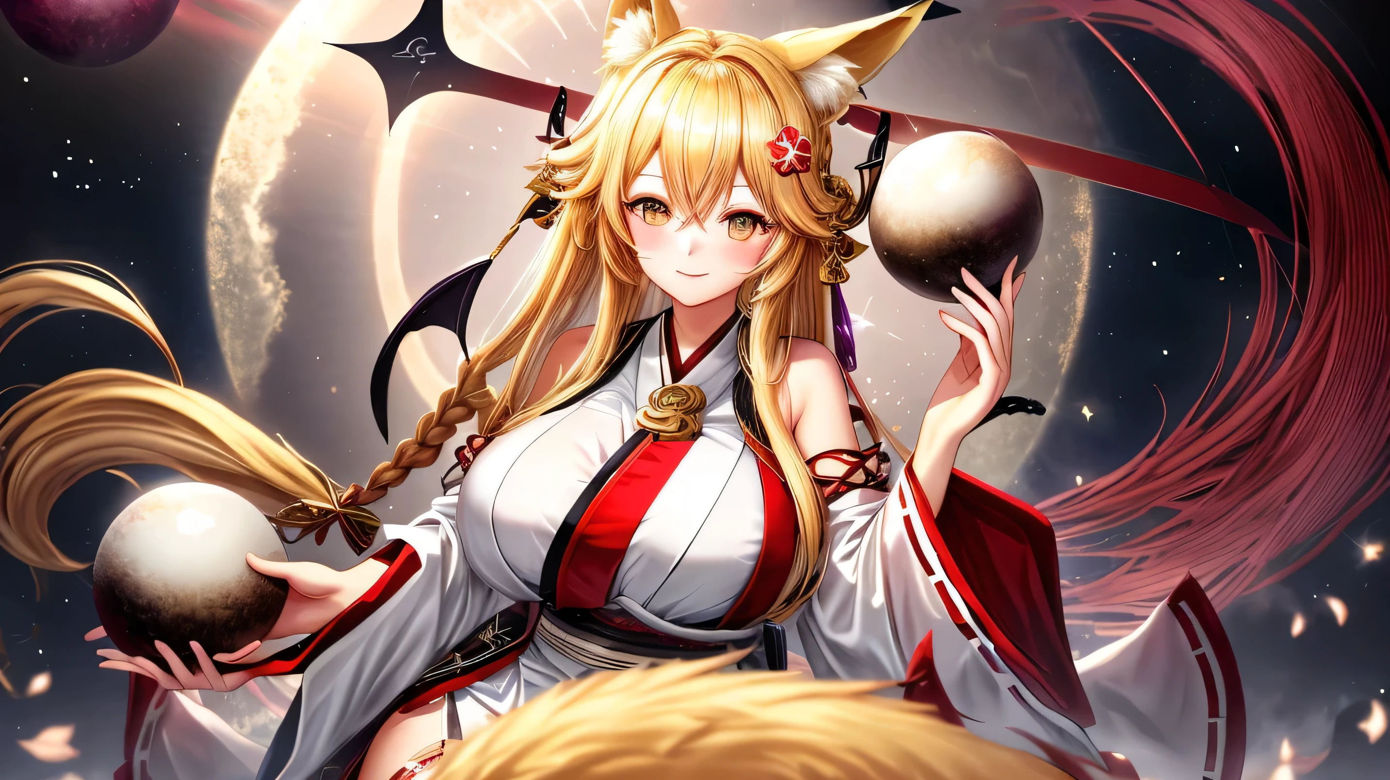 Wallpaper pc, official azur lane wallpaper, 1 Adult Divine Kitsune that have 29 years old, woman set with big, huge hips, blonde hair, french braid, long braid, devil eyes, devil pupils, animal ears, fox ears, kemonomimi mode, light smile, highres, high quality, super detail, masterpiece, beautifull senery, cosmic, miko clothing, (((no nswf))), fully clothed,