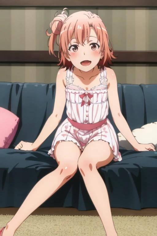 ((highest quality)), ((masterpiece)), (be familiar with), Perfect Face, indoor, Bedroom, Watching the audience,
One woman, Yuigahama Yui,
Open Mouth, Ecstatic expression, blush, smile,
Small breasts, Flat Chest, Young Girl, , , Girl,
Short Hair, Salmon-colored hair, Salmon-colored eyes, Side Pony,
Leg spread,