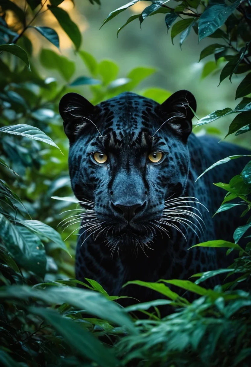 nature shot with wide shot of a dark jungle scene,face of a black-leopard hiding between the bushes,hunting,nightfall,dimmly lit,intense gaze,tension,perfect composition,masterpiece,best quality,ziprealism. Outdoors,greenery,natural light,fresh,vivid contrast,vivid color,Hyperrealistic art cinematic film still photography in the style of detailed hyperrealism photoshoot,