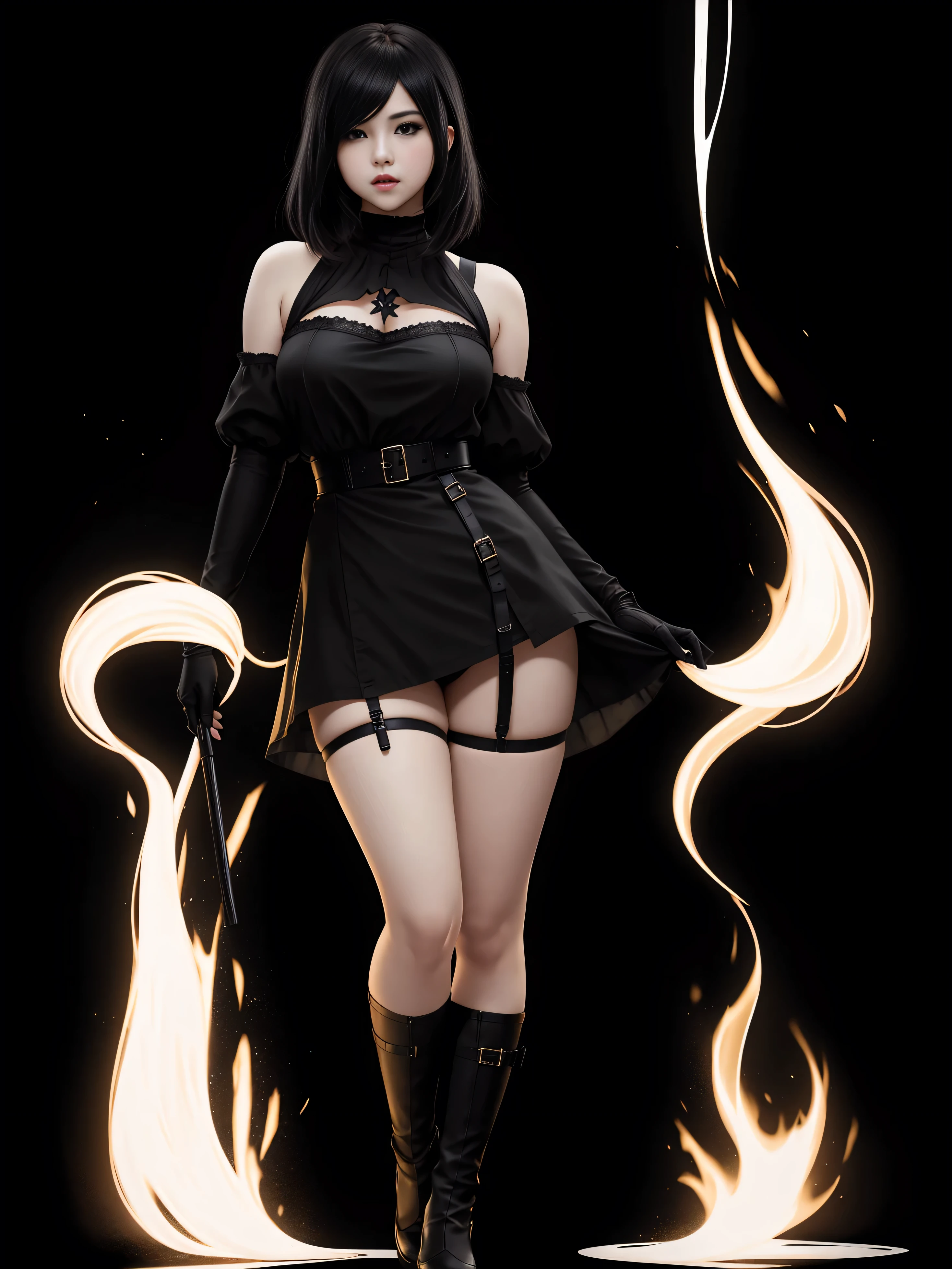 there is YoRHa No. 2 Type B , alluring expression, very bold, upper  visible, full body photo, standing legs apart, pale translucent glowing skin, most beautiful face, cute, (well defined pubic hair:1.2)), (dark plain black background:1.4))