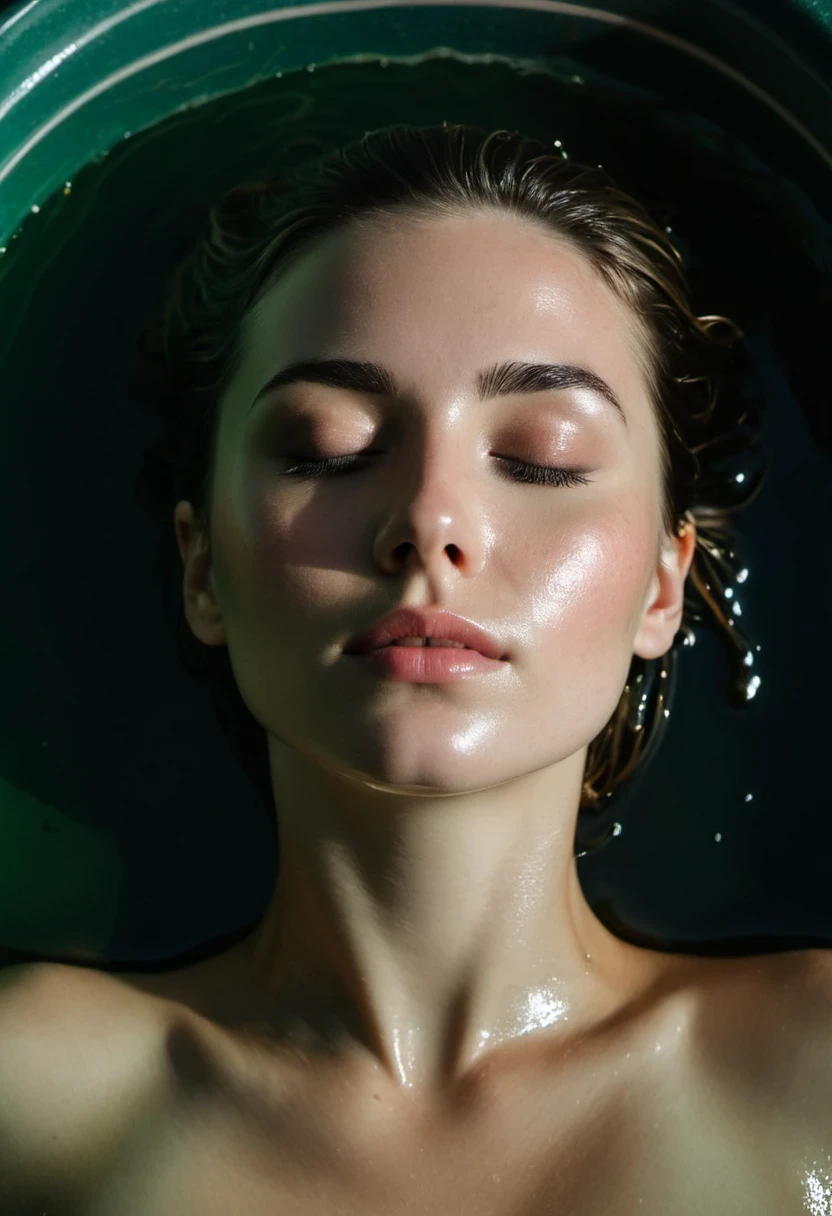 dark photo, a evocative extreme closeup of the face of a beautiful 25-year-old woman with her eyes closed and partially submerged in the water of a dark green bathtub in a dark scene, dark water, reflections in the water, the head is mostly submerged, realistic skin, skin texture, natural skin, skin pores, (skin oils:0.8), dimly lit scene, shallow depth of field, moody lighting, turquoise tiles on the wall, highly detailed, award winning photo, film grain, interesting framing, side view