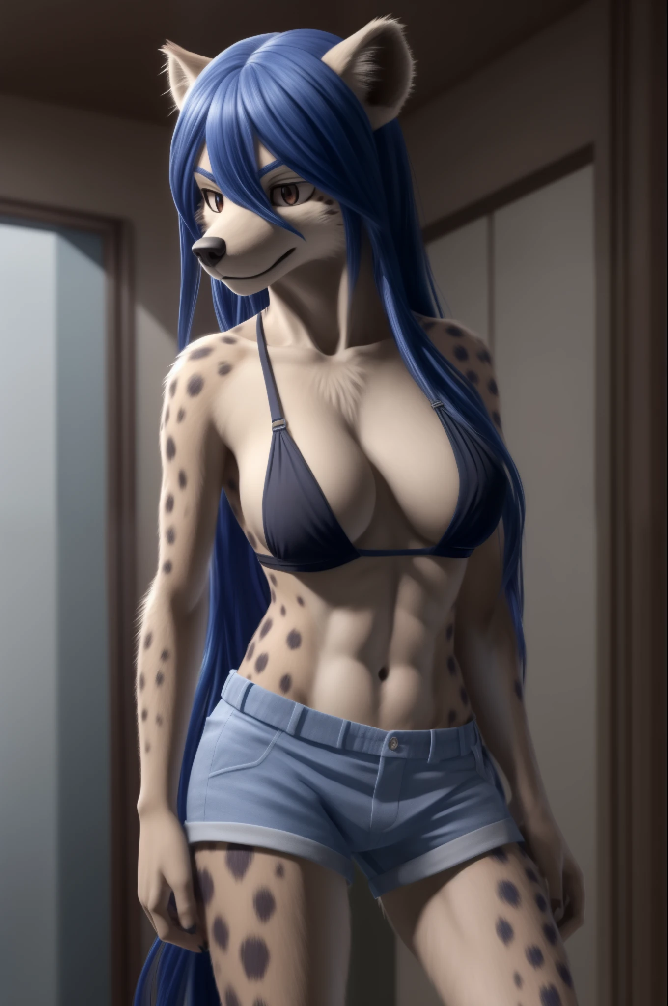 solo, elza from Interspecies Reviewers, hyena anthro, black bikini, shorts, canine penis, medium breasts, long blue hair