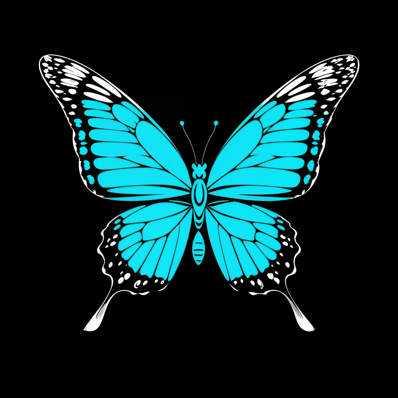 masterpiece, best quality, blue butterfly, flowers, flat color, lineart, abstract, ornate, black theme