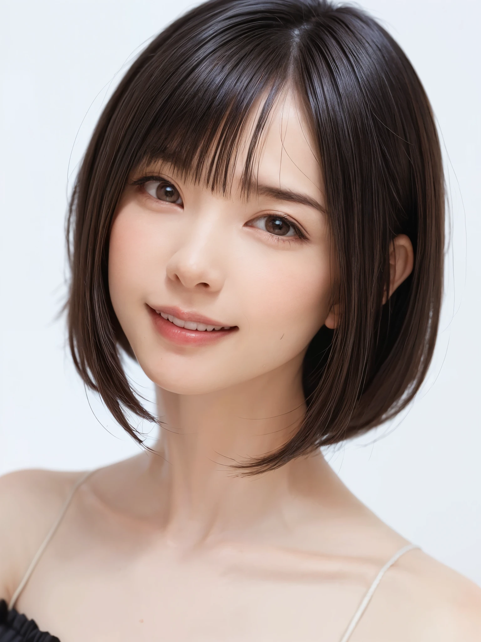 1 girl, alone, Beautiful Skin, very detaileded, ultra detaileded, Ultra-high resolution, (Photorealism:1.4), (highest quality), (Best Shadow), detailed, Perfect lighting, Black Hair, ((Showpiece, highest quality, High precision)), One Girl, (Realistic: 1.4), (look up at the camera even a little, カメラをlook up, look up, look up at the camera, Looking into the camera))), alone, White Background, snow-White Background, shut up., smile, pretty Black Hair, short hair:1.6, Big eyes, Beautiful double eyelids, eyelash, listen, Long neck, 美しいLong neck, Absolute area, ((Face close-up, short hair with bangs、Short Bob Hair:1.5、Off the shoulder)), 19 years old, Attractive proportions, Shiny skin, Beautiful clavicle, Golden ratio face, Perfect Face, Teardrop-shaped mole, Mole on chest, bangs, clean bangs, beautiful bangs, Lip gloss, Thin lips, White skin, I took off my clothes, Small face, Small face, 少し上を向いてLooking into the camera, ((smile a little for the camera, really nothing pure White Background, Listen carefully, big 胸、Dynamic Angle:1.5))