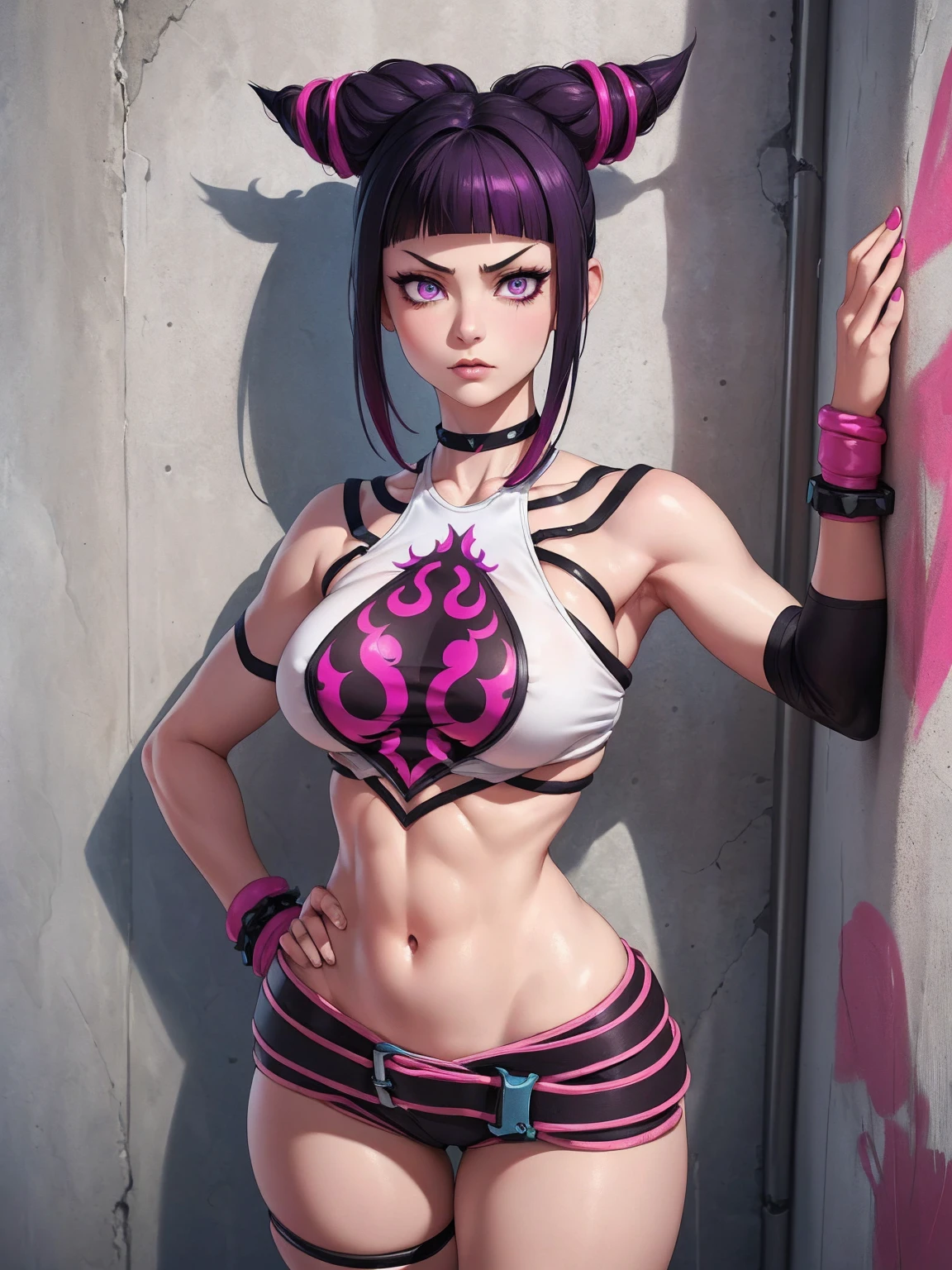 { - anatomy error} (Masterpiece - Ultra-detailed, very high resolution)Juri Han,Masterpiece, Best Quality, 1girl, report, crop-top, jean shorts, Choker, (graffiti:1.aint splatter, (Hands Behind Your Back), Against a wall, looking a viewer, A bracelet, thigh strap, Paint on the body, tilt of head, bored, fiery hair color, Rainbow-colored eyes,juri han,rosto yandere,brava
