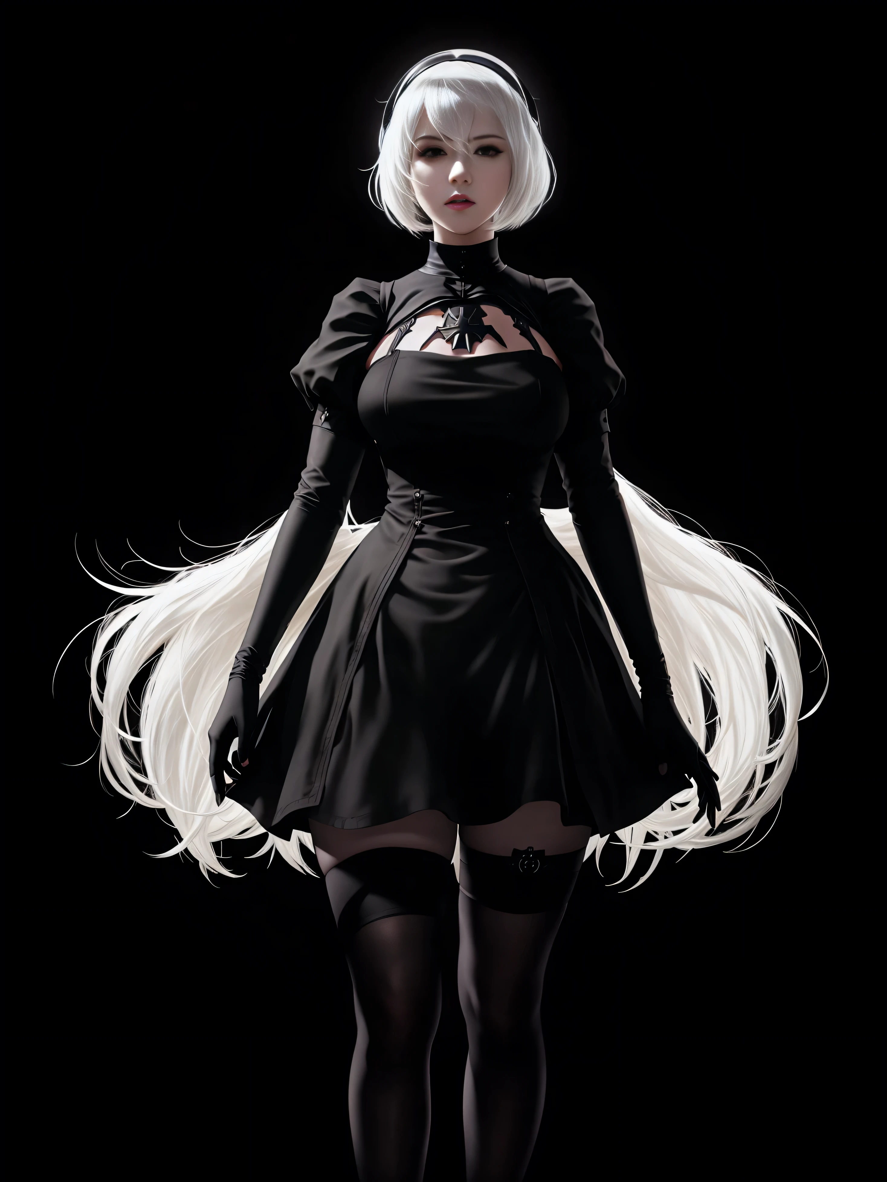 there is Nier: Automata's YoRHa No. 2 Type B , white hair, alluring expression, very bold, upper  visible, full body photo, standing legs apart, pale translucent glowing skin, most beautiful face, cute, ((dark plain black background:1.4))