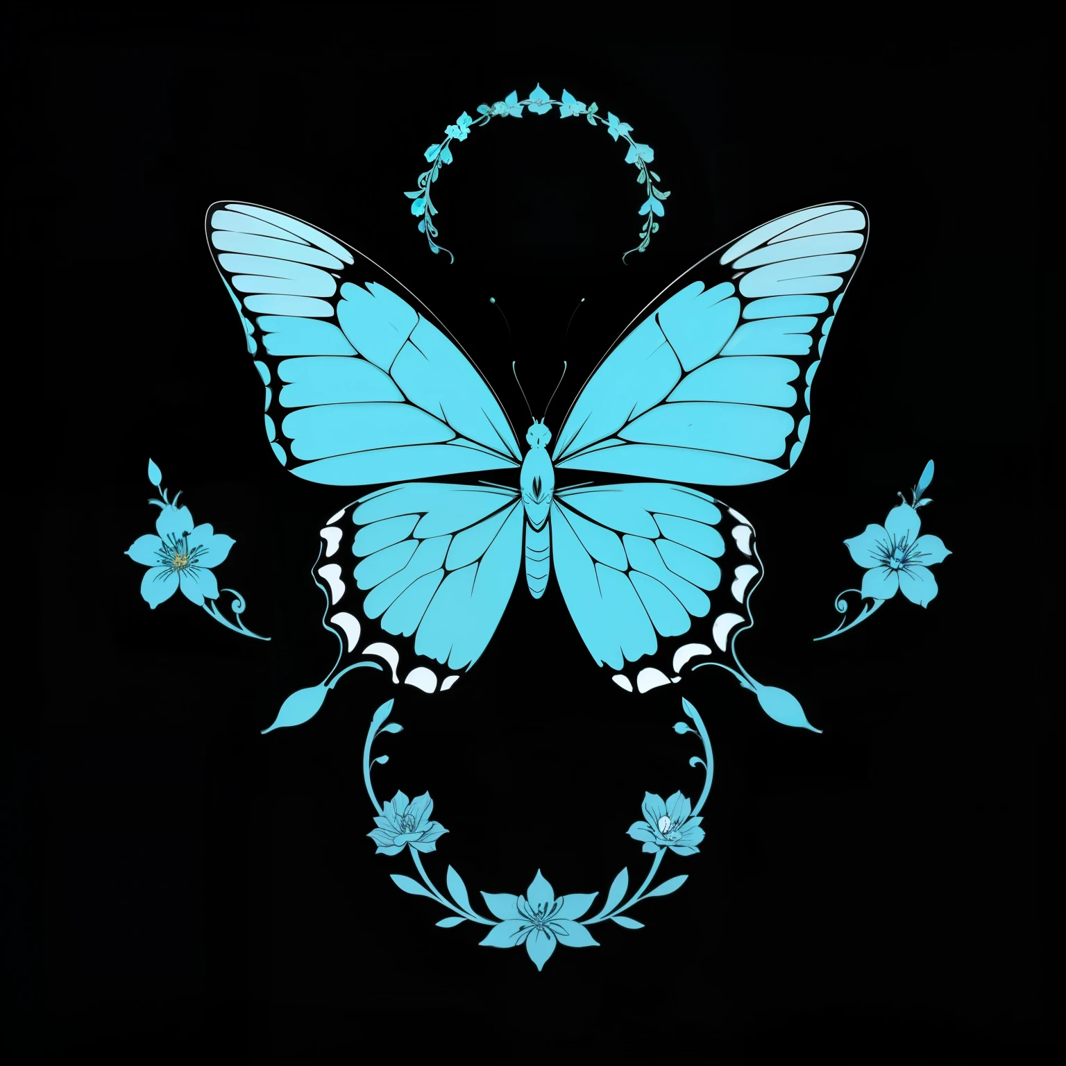 masterpiece, best quality, blue butterfly, flowers, flat color, lineart, abstract, ornate, black theme