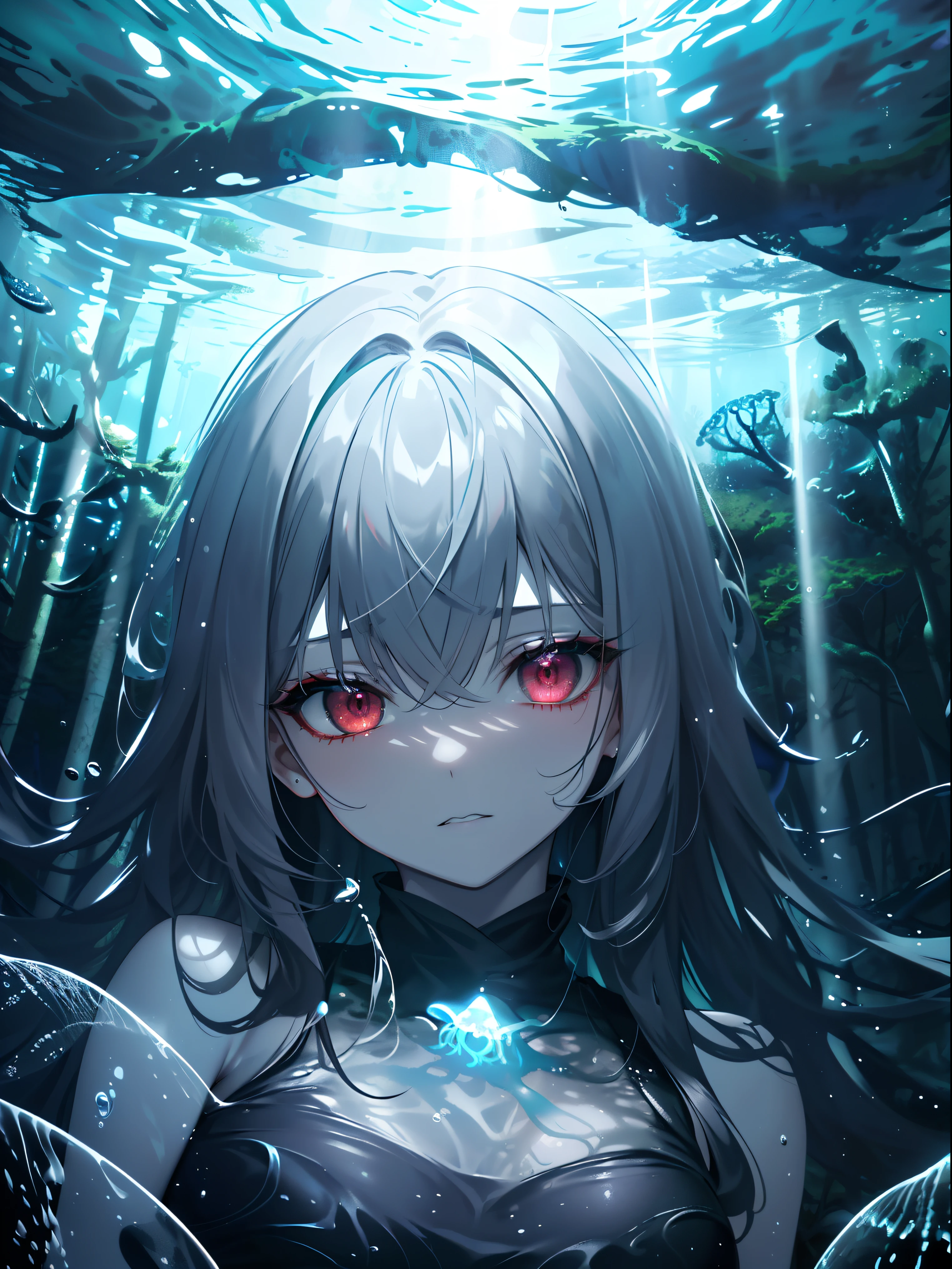 (Meisterwerk,best quality,Ultra-detailliert),1 girl, schwarzes Haar,beautiful and detailed face, detaillierte Augen,Betrachter betrachten, mehrfarbige Augen,((graues Thema),blasse Haut, Glowing eyes ,Im Meer,((Nacht)),dunkle Umgebung,(Unterwasser),(((in a forest Unterwasser))),Qualle