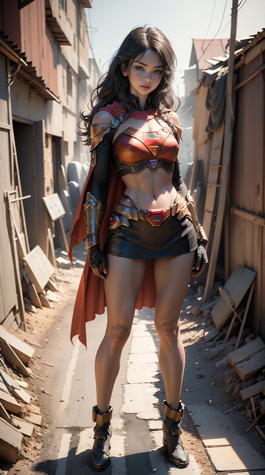 (((full body shot))) unreal engine:1.4,ultra realistic CG 64K, photorealistic:1.4, skin texture:1.4, masterpiece:1.4,posing behind Beautiful Woman in a Supergirl costume standing in front of an apocalyptic city of fire, showing the flat view, Minifalda roja, beautiful fine hands,
