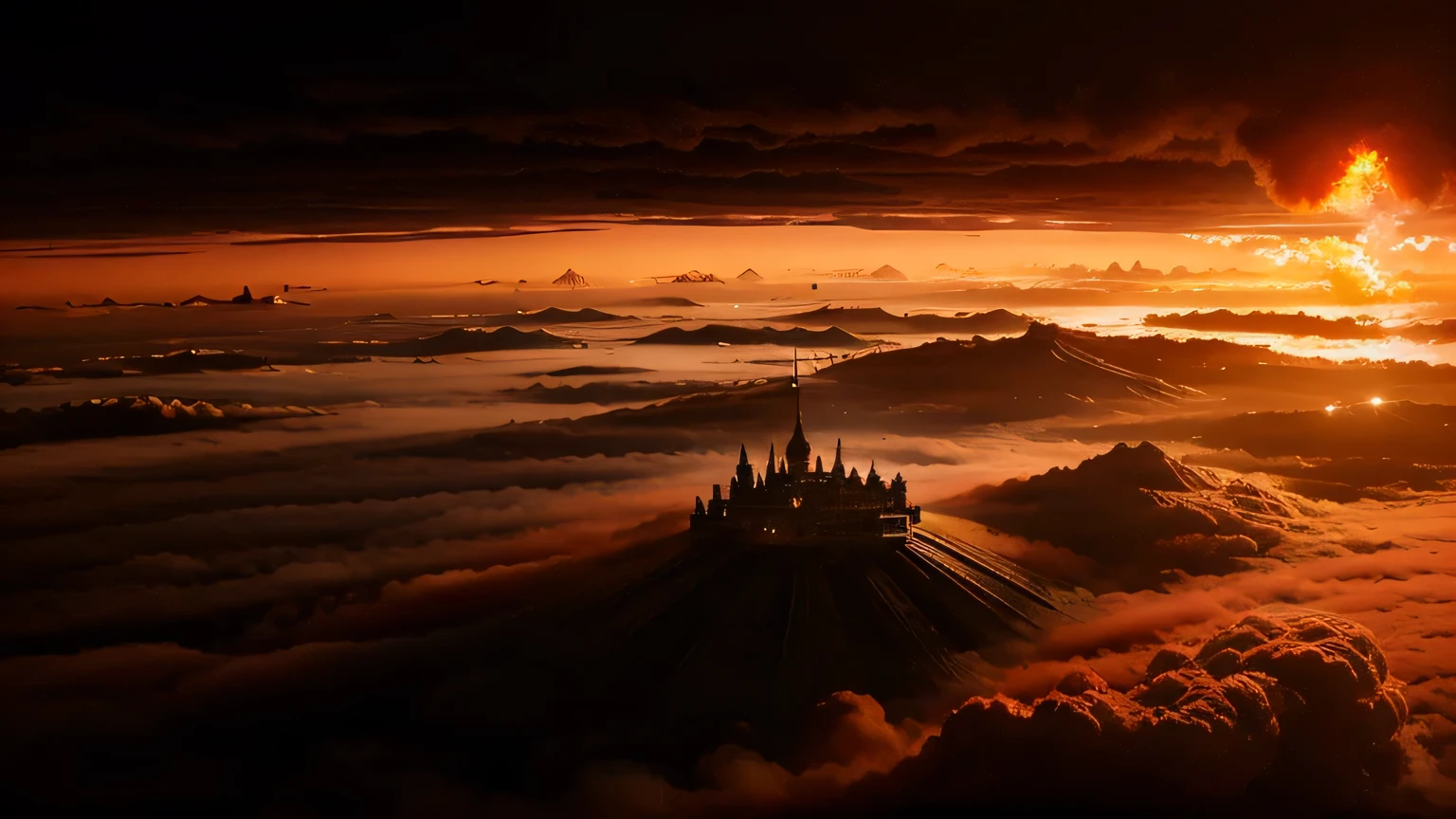 a city made of brass, floating on a cloud, above a fiery sea, ominous red sky