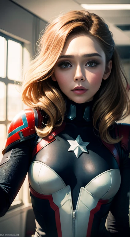 Elizabeth Olsen plays Captain America,skyscrapper,(Inspired by Mass Effect, nude body,Security level,small breastedium side hips,(8K,photo RAW,Fotorrealista:1,25),(Excessive lip gloss,Very many eyelashes,best qualityer,Ultra-high resolution,depth of fields,color difference,Wide light,natural color,Distant pictures(1:2)