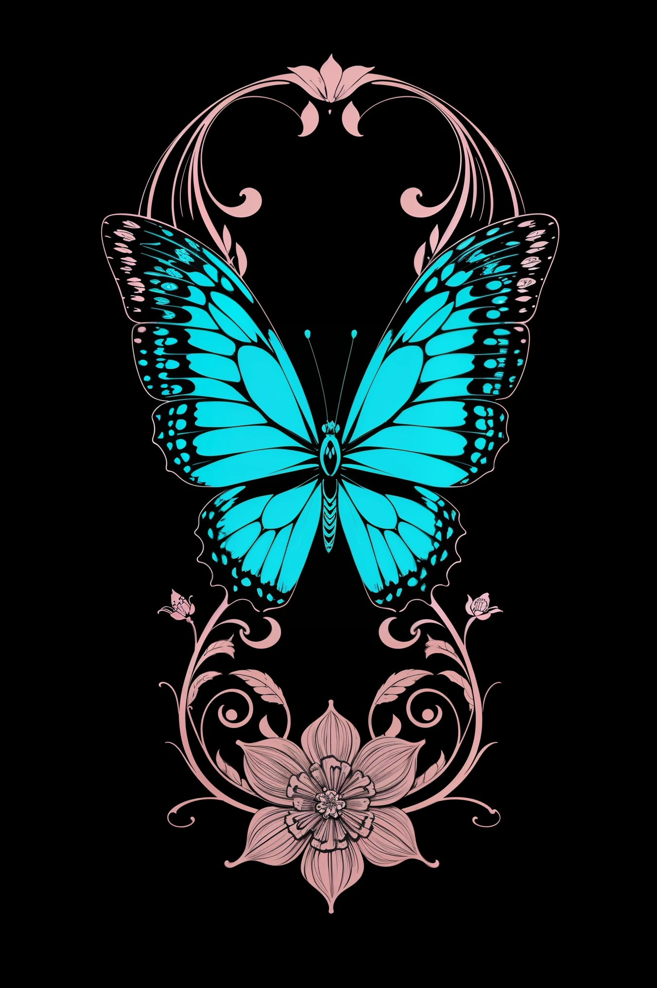 masterpiece, best quality, blue butterfly, flowers, flat color, lineart, abstract, ornate, black theme