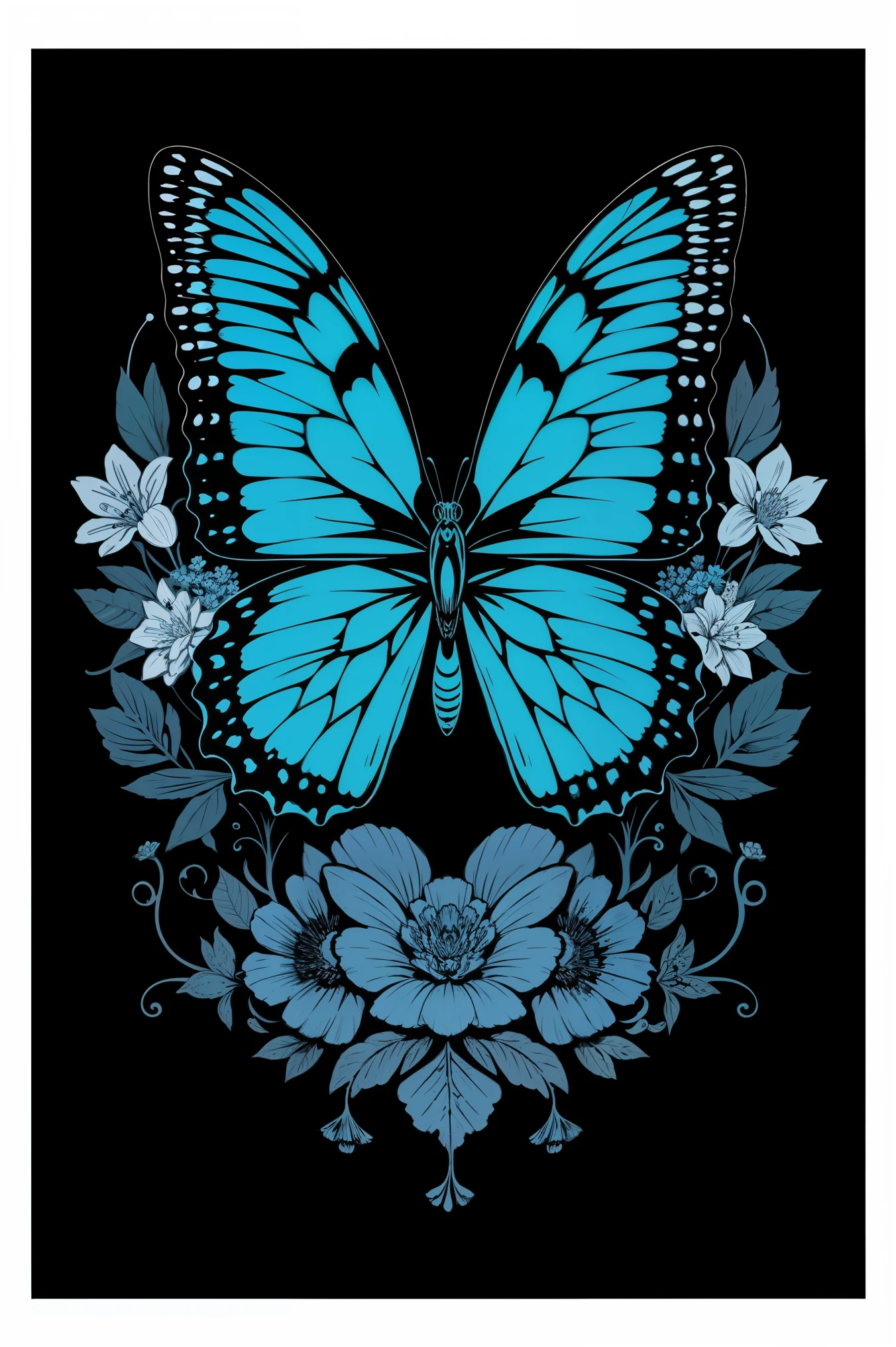 masterpiece, best quality, blue butterfly, flowers, flat color, lineart, abstract, ornate, black theme