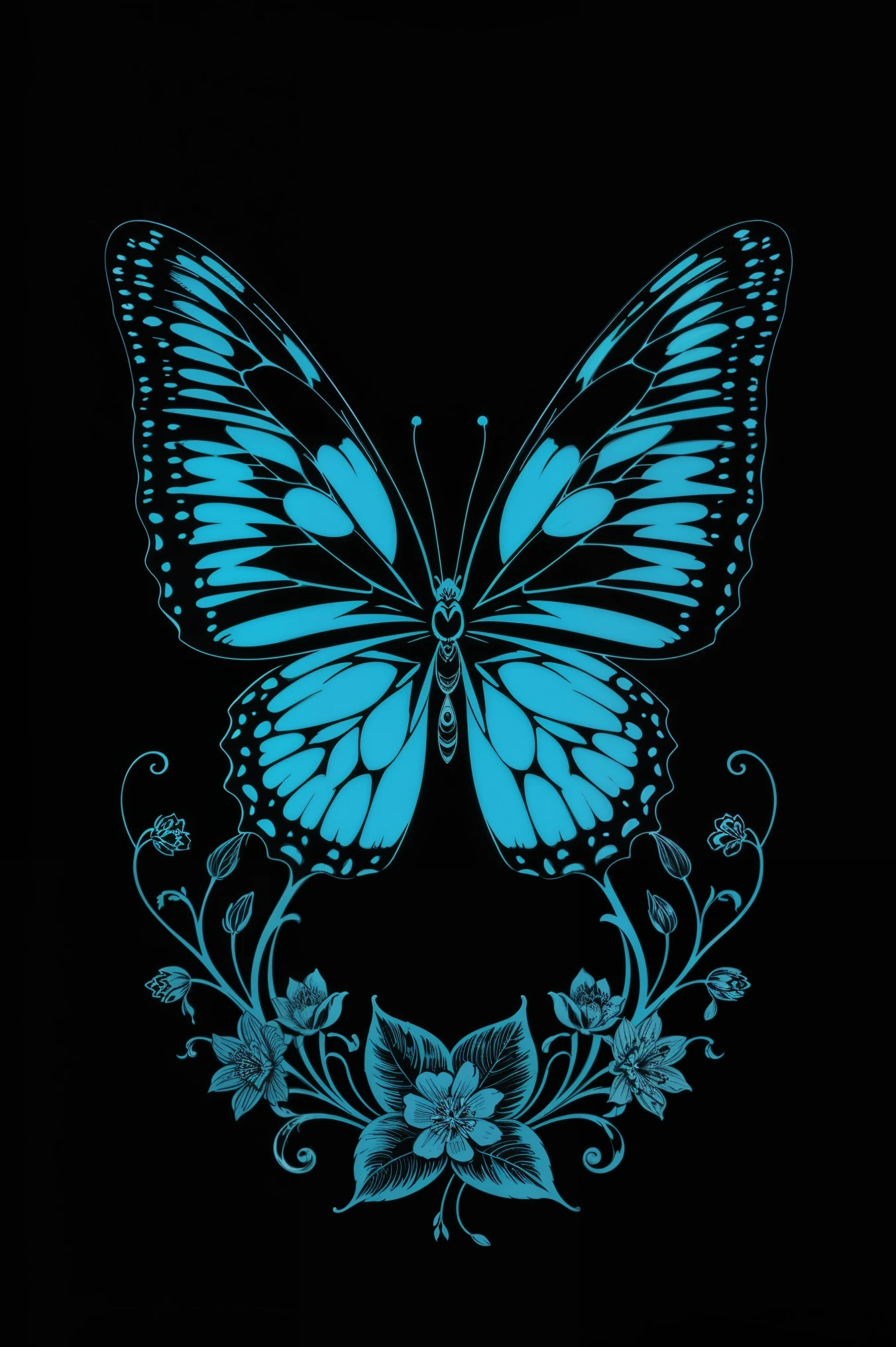 masterpiece, best quality, blue butterfly, flowers, flat color, lineart, abstract, ornate, black theme