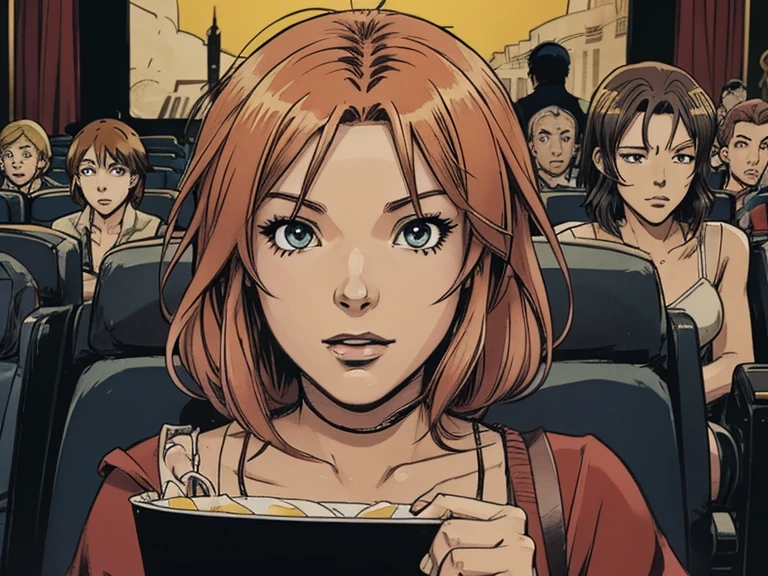 2d cartoon,An anime woman, colored hair, in cinema, with friends, sitting