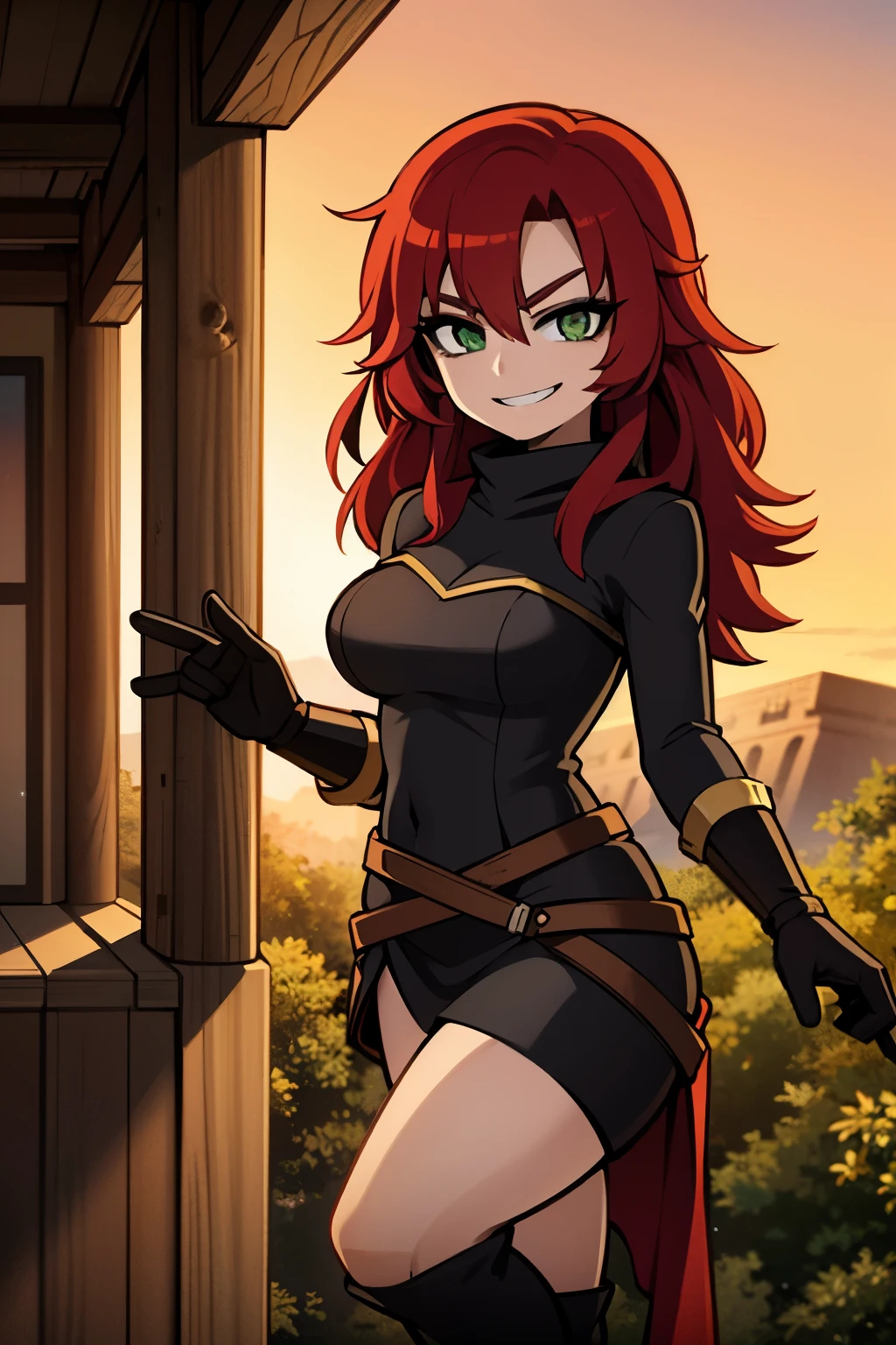 8k wallpaper, masterpiece, movie lighting, medieval setting, Beautiful female rogue with red hair and greenish eyes walking on a winding road with a smile on her face, sunrise with clear skies background, gremlin, mischievous smile