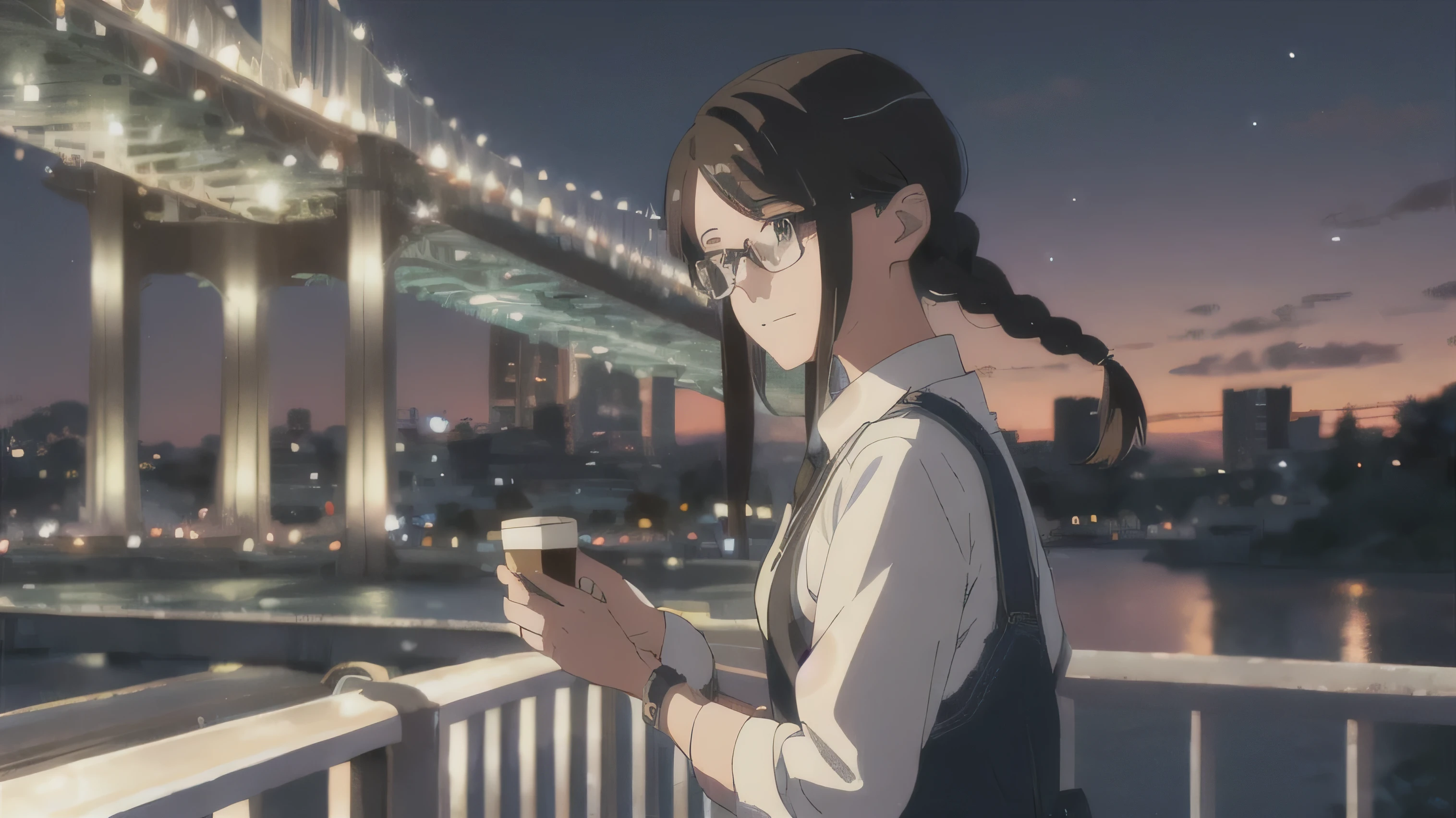 The Wind of Sincerity, anime, Night view, Moving visual effects, Natural glare. Denim with a dress shirt and tie, A 20-year-old girl with a kind face drinking coffee alone on a bridge. She is wearing glasses and listening to music happily while drinking coffee.,Braid,