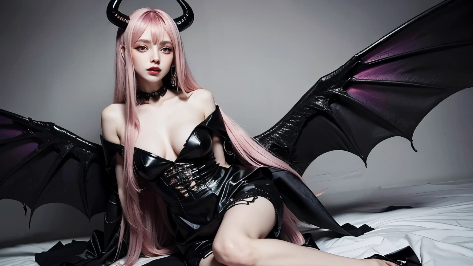 Succubus with long light pink purple soft hair, with devil black wings, wearing a black dress, good quality