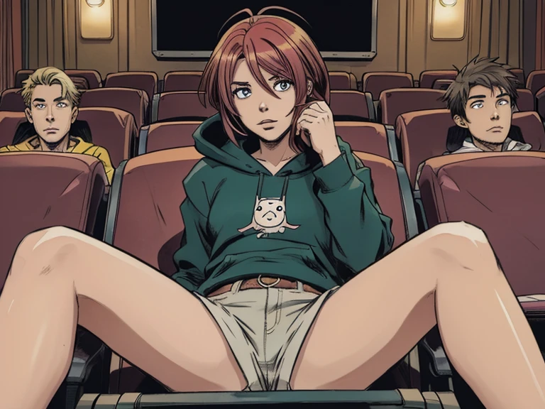 2d cartoon,An anime woman, colored hair, in cinema, with friends, hoodie, shorts, blouse, sitting